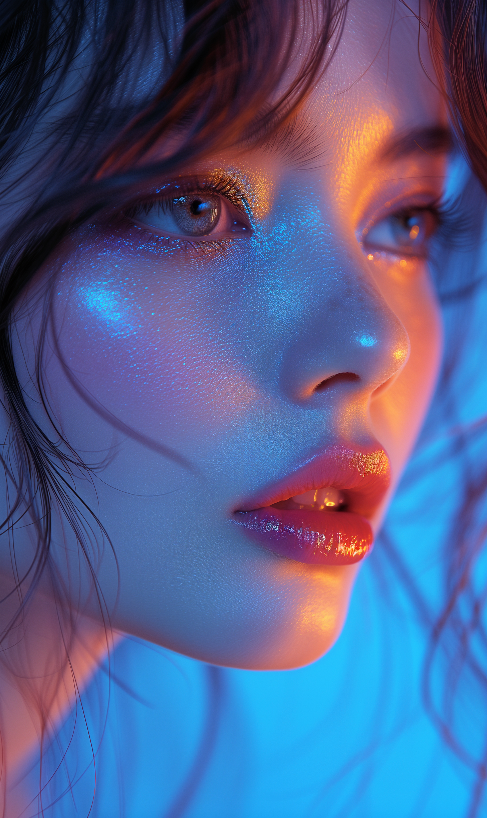 AI generated: Midjourney prompt: a close up of a woman with a blue eye shadow on he... (Midjourney - Fashion)