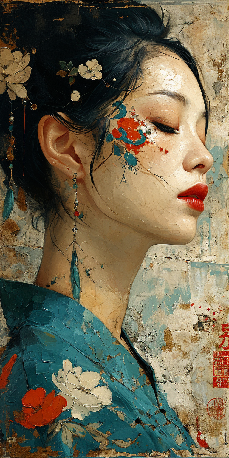 AI generated: Midjourney prompt: A painting of an Asian woman, in the style of prec... (Midjourney - Portraits)