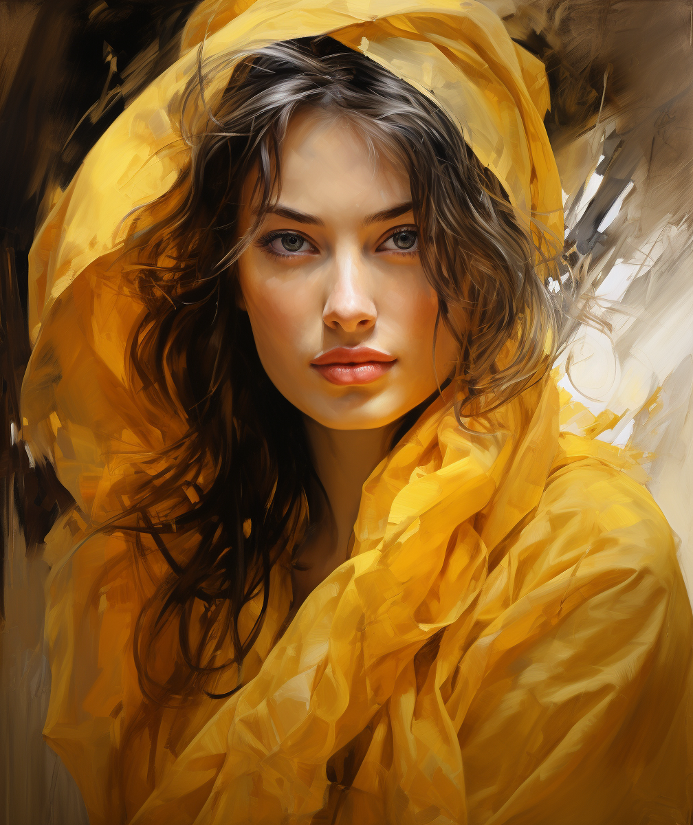 AI generated: Midjourney prompt: an artistic portrait of a woman in a yellow cloth,... (Midjourney - Portraits)
