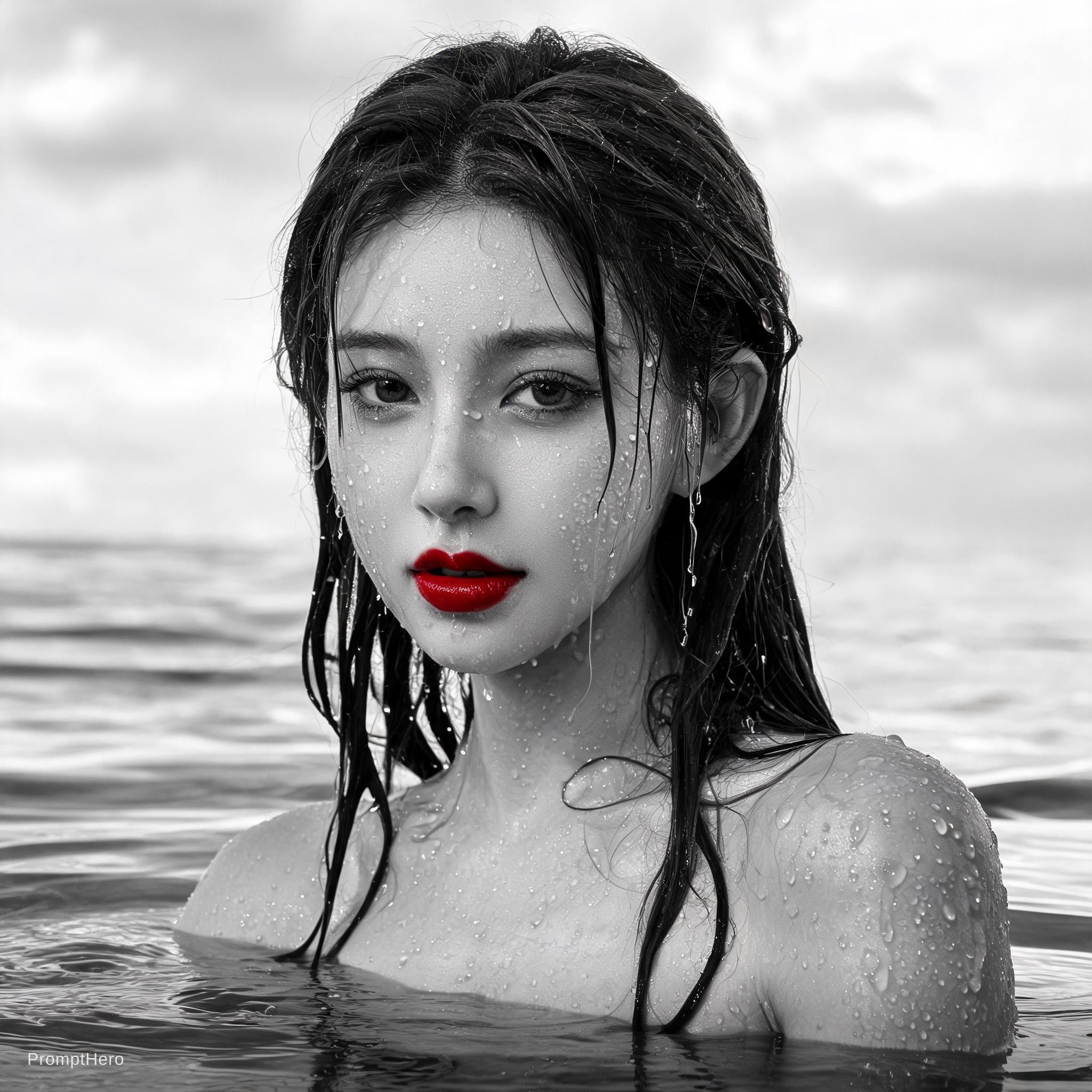Seedream 5 prompt: photo of a woman in the water, black and white wit... - Seedream 5