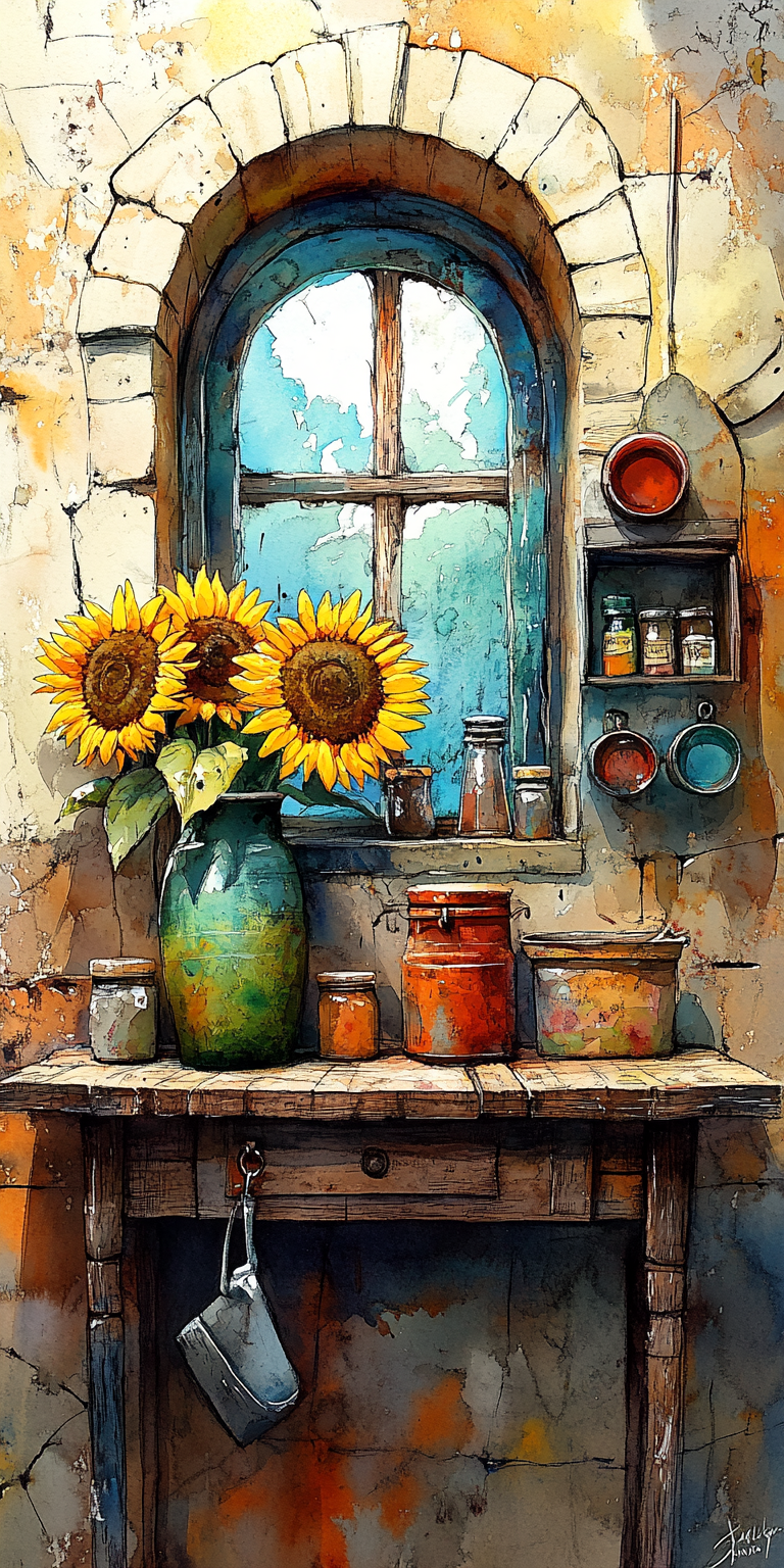 AI generated: Midjourney prompt: watercolor painting, sunflowers in a vase on a cou... (Midjourney - Concept Art)