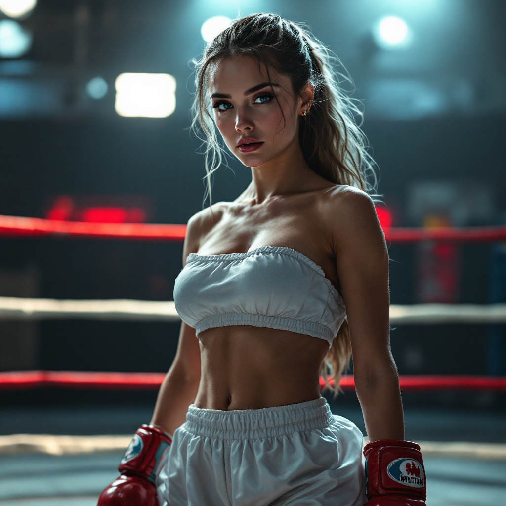 AI generated: FLUX prompt: female ,dressed as boxer, standing in the ring, (... (FLUX - Portraits)