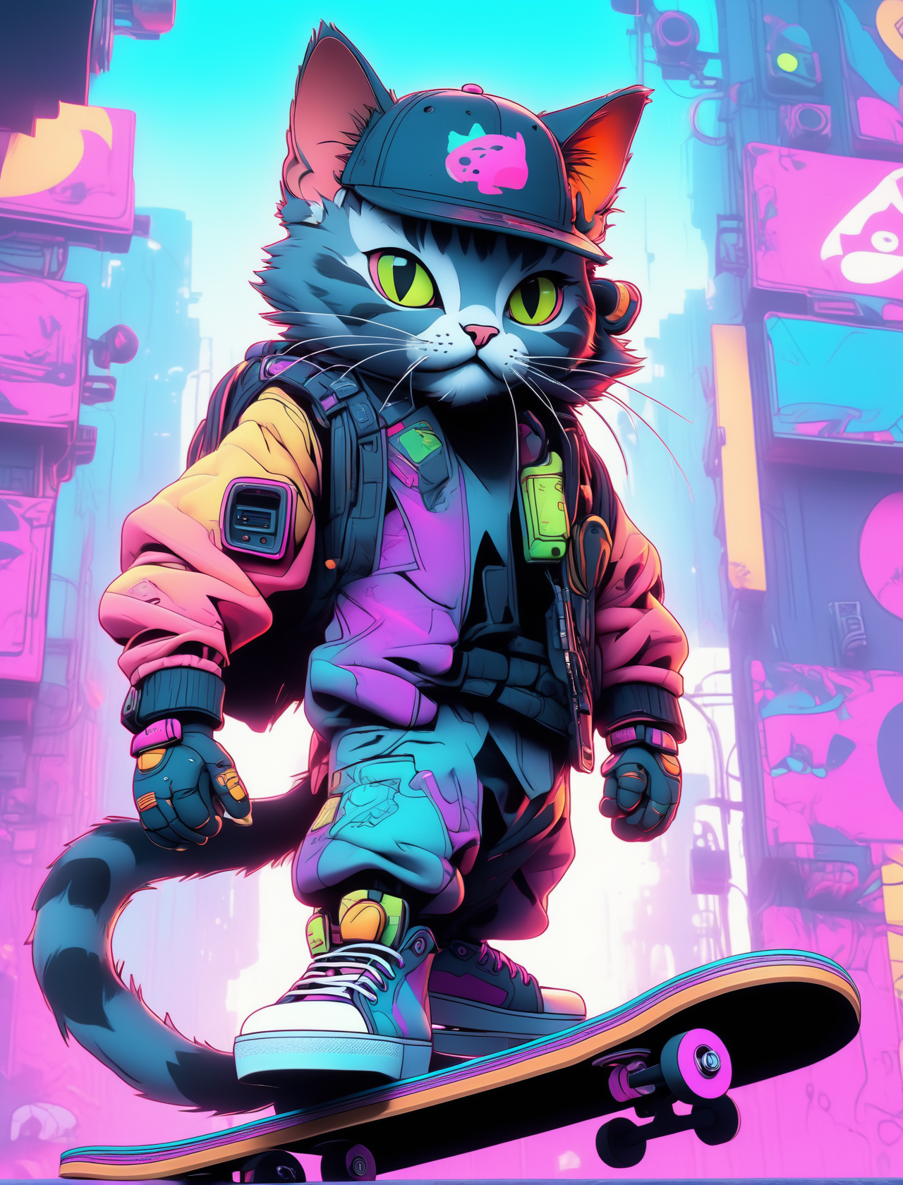AI generated: Stable Diffusion prompt: Cyberpunk style, a cat standing on a skateboard, w... (Stable Diffusion - Anime)
