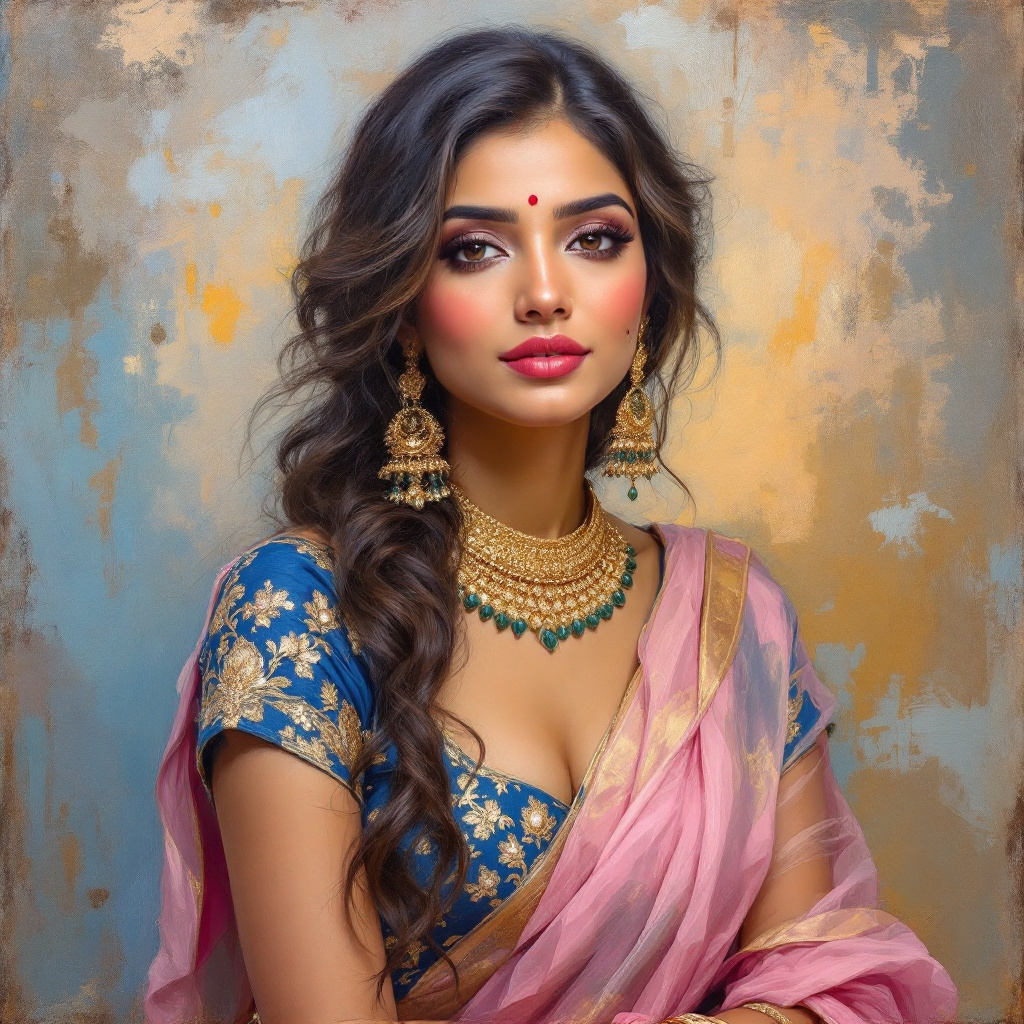 FLUX prompt: A beautiful Indian woman in an elegant blue leheng... - FLUX