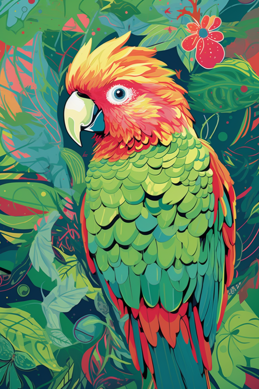 صورة مولدة بالذكاء الاصطناعي: Midjourney prompt: Vector, a cheerful and lively multi-colored parrot... (نموذج Midjourney - صور شخصية)