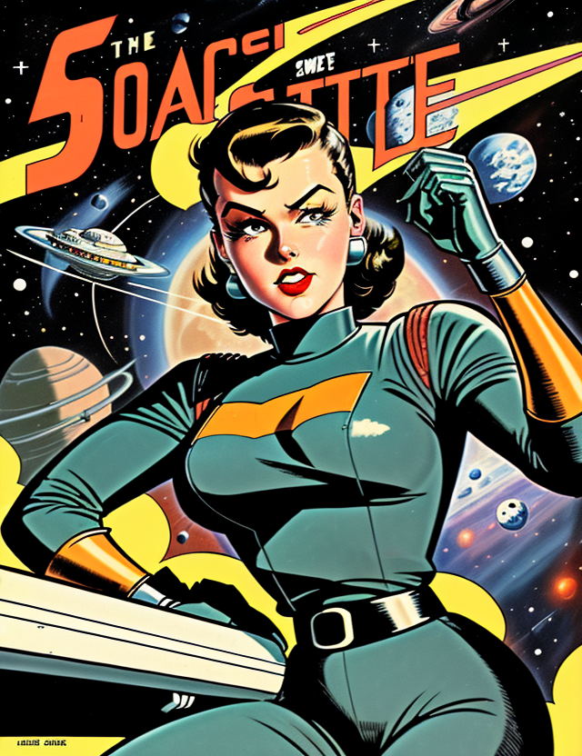 صورة مولدة بالذكاء الاصطناعي: DreamShaper prompt: Space outlaw in the style of 1950s art in the styl... (نموذج DreamShaper - صور شخصية)