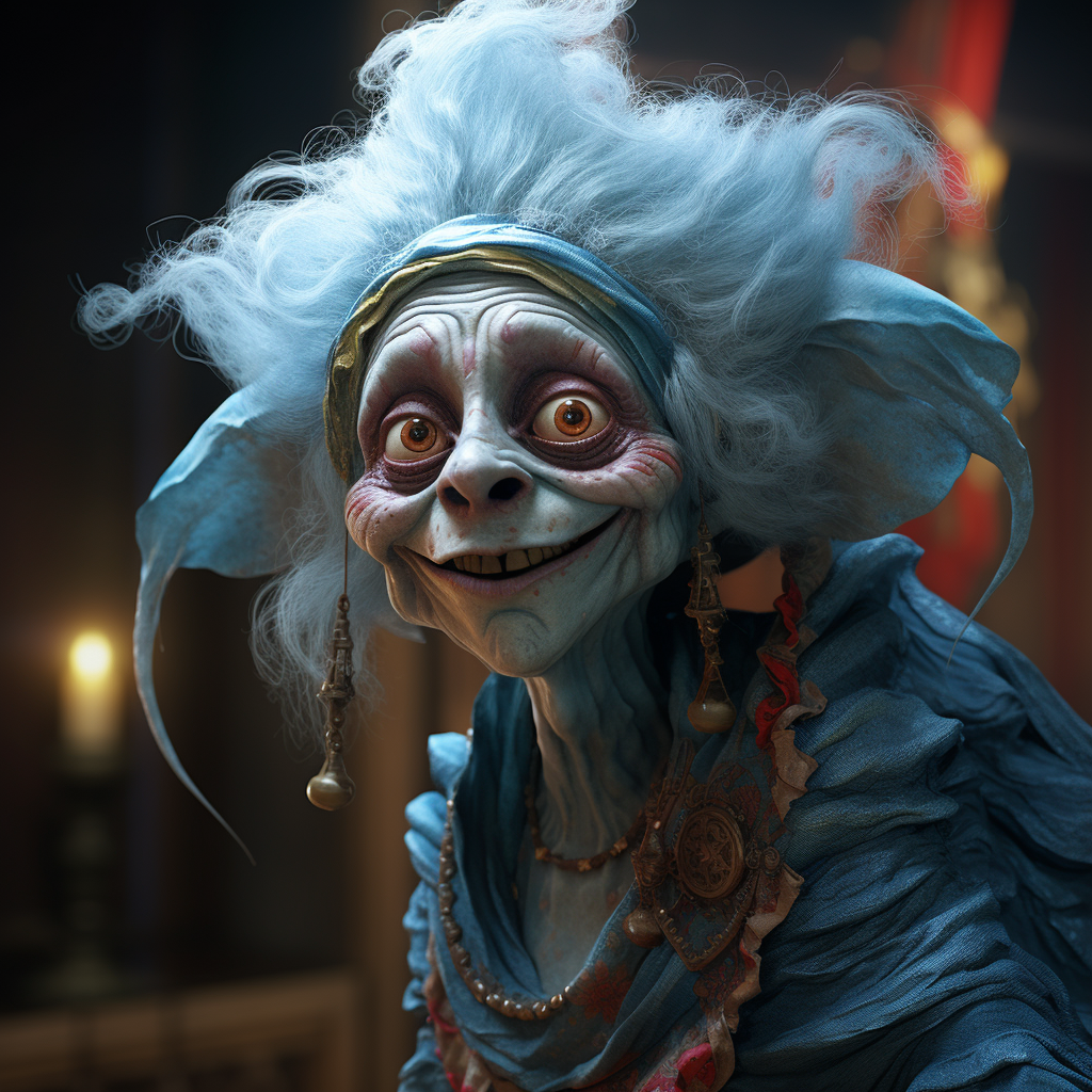 صورة مولدة بالذكاء الاصطناعي: Midjourney prompt: a 40 years old woman with blue hair and an ornate ... (نموذج Midjourney - صور شخصية)