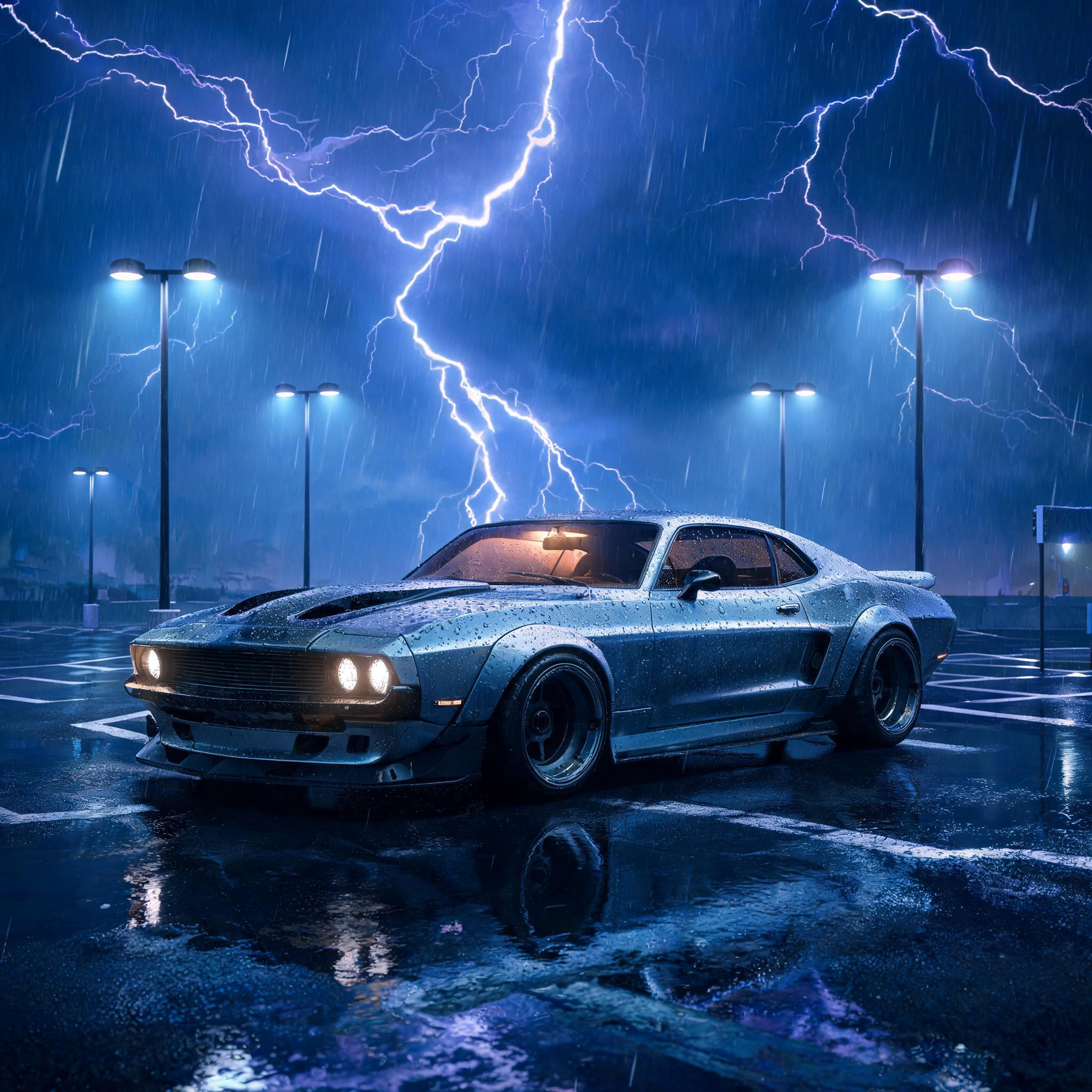 صورة مولدة بالذكاء الاصطناعي: Seedream 5 prompt: Very far in the future muscle car in an empty park... (نموذج Seedream 5 - فن مفاهيمي)