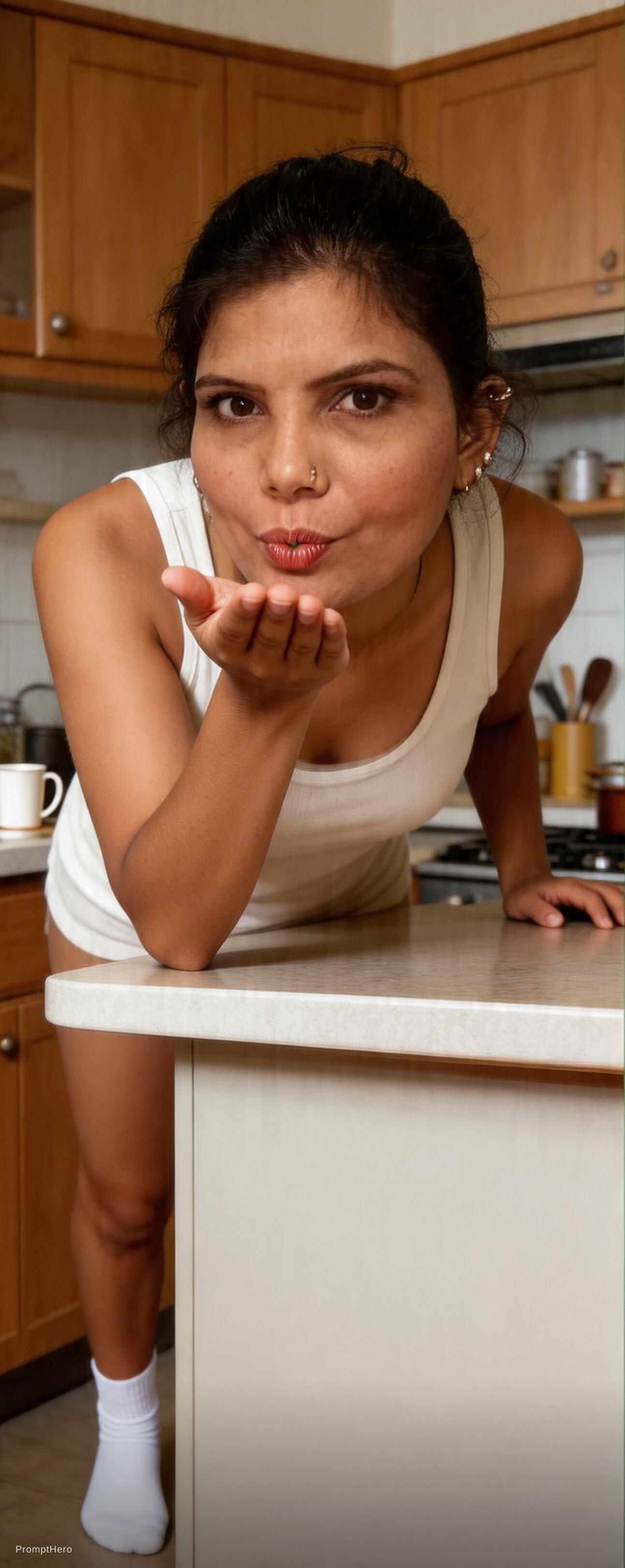 AI generated: Seedream 5 prompt: Teasing, leans over on a kitchen desk, wearing a t... (Seedream 5 - Interior Design)