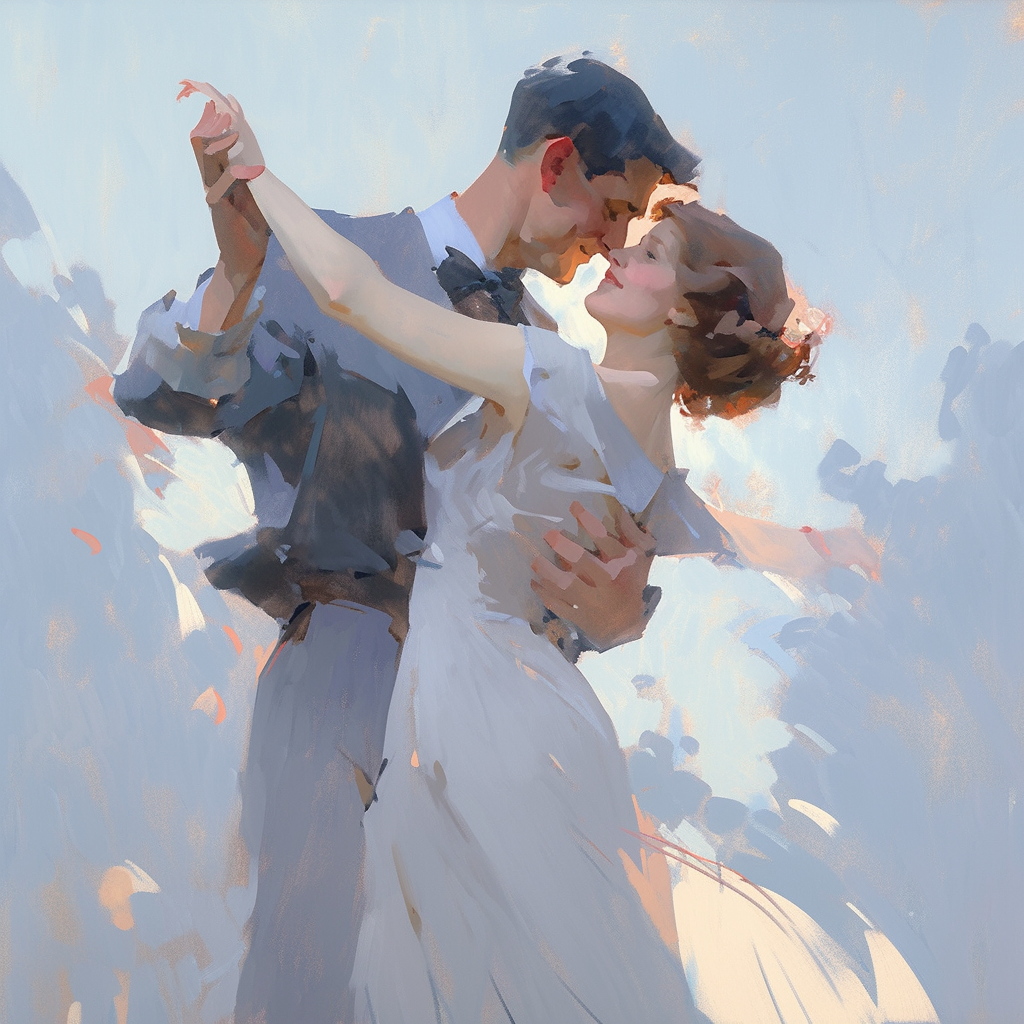 AI generated: Midjourney prompt: A blissful couple, dancing with joy, in the style ... (Midjourney - Portraits)