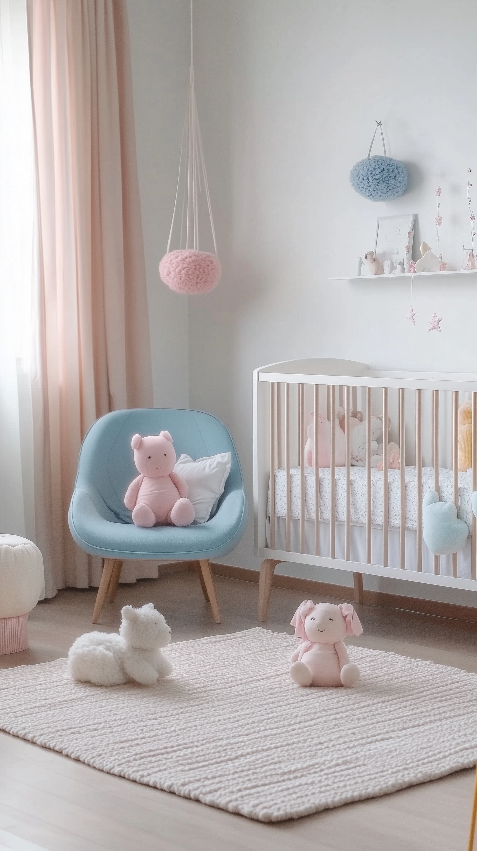 Midjourney prompt: scandinavian nursery with pastel decorations, mini... - Midjourney