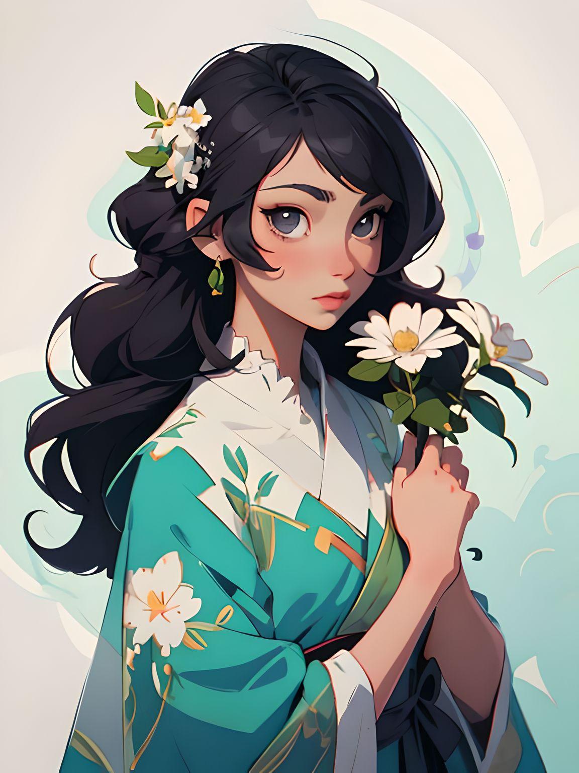 صورة مولدة بالذكاء الاصطناعي: ReV Animated prompt: a drawing of a woman with a flower in her hand, an... (نموذج ReV Animated - أنمي)