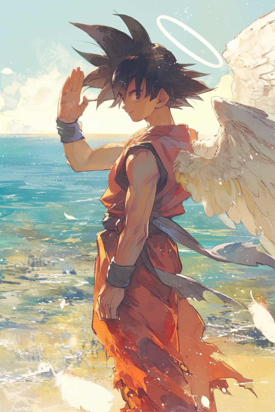 AI generated: Midjourney prompt: Toriyama Akira's comic IP Goku, with white angel w... (Midjourney - Anime)