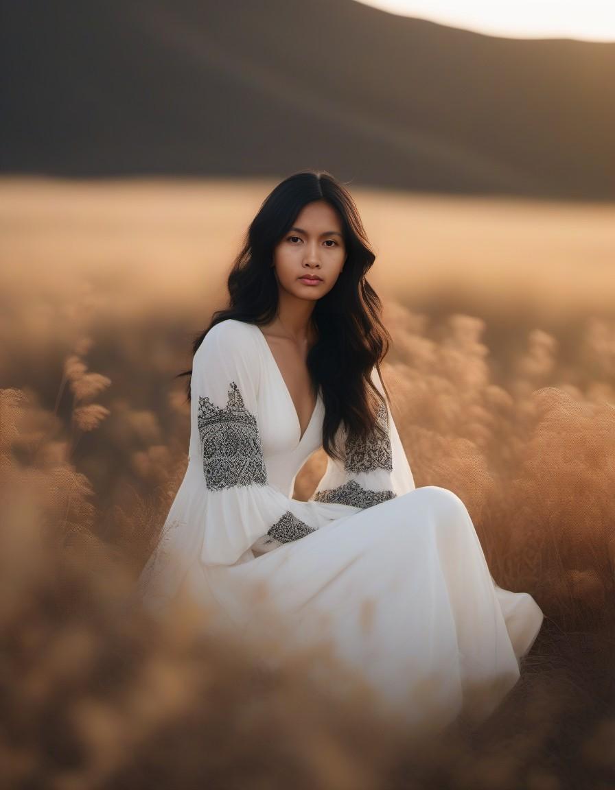 AI generated: Midjourney prompt: a woman sitting on top of a couch in a field, skin... (Midjourney - Fashion)