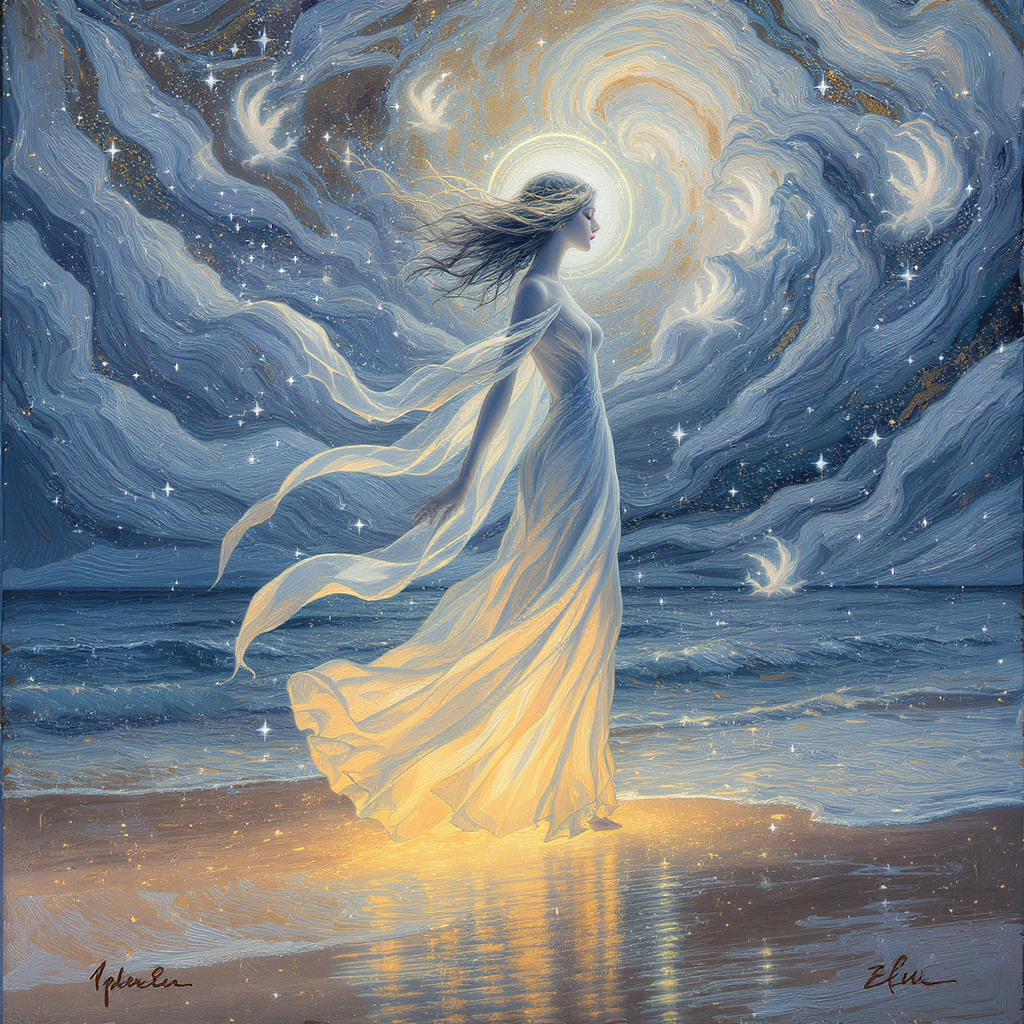 FLUX prompt: A dreamlike fantasy scene with a celestial w...
