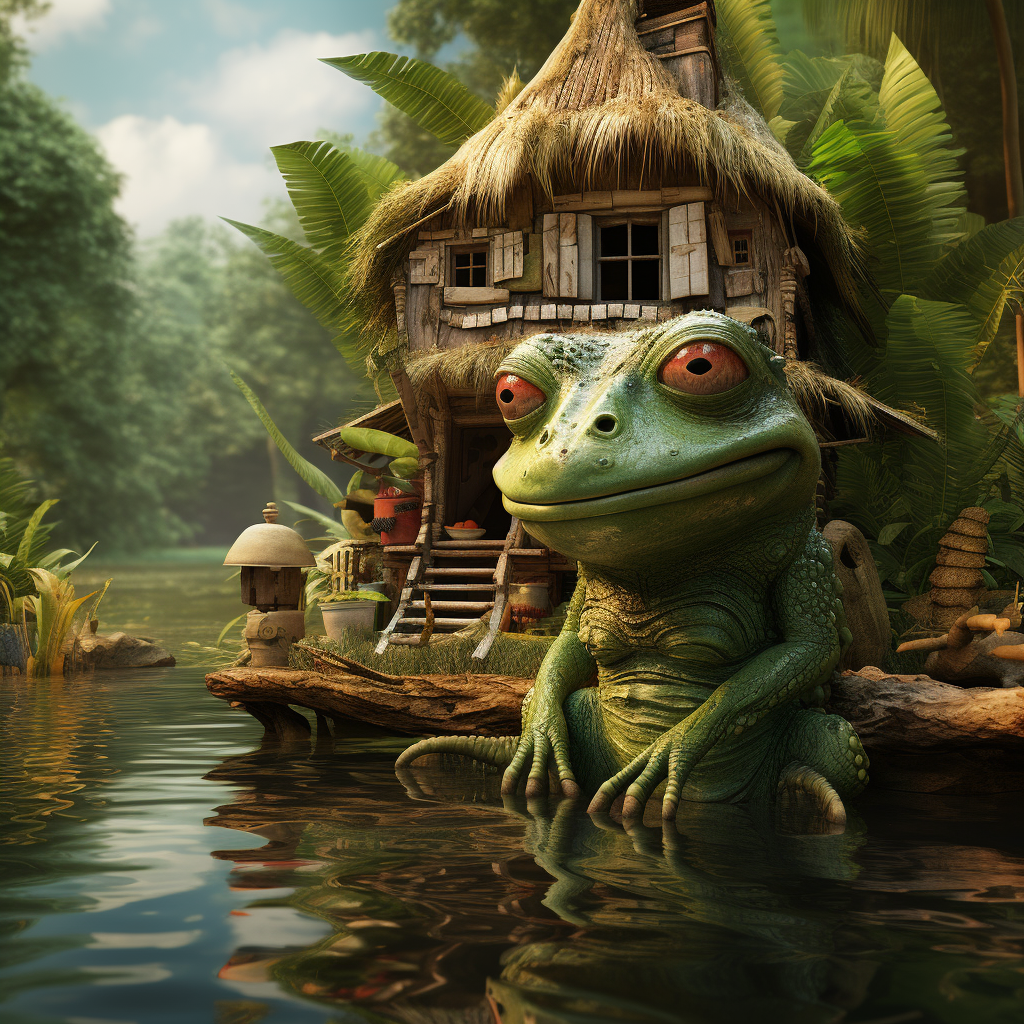 Midjourney prompt: giant green lizard in front of a wooden house, cry... - Midjourney