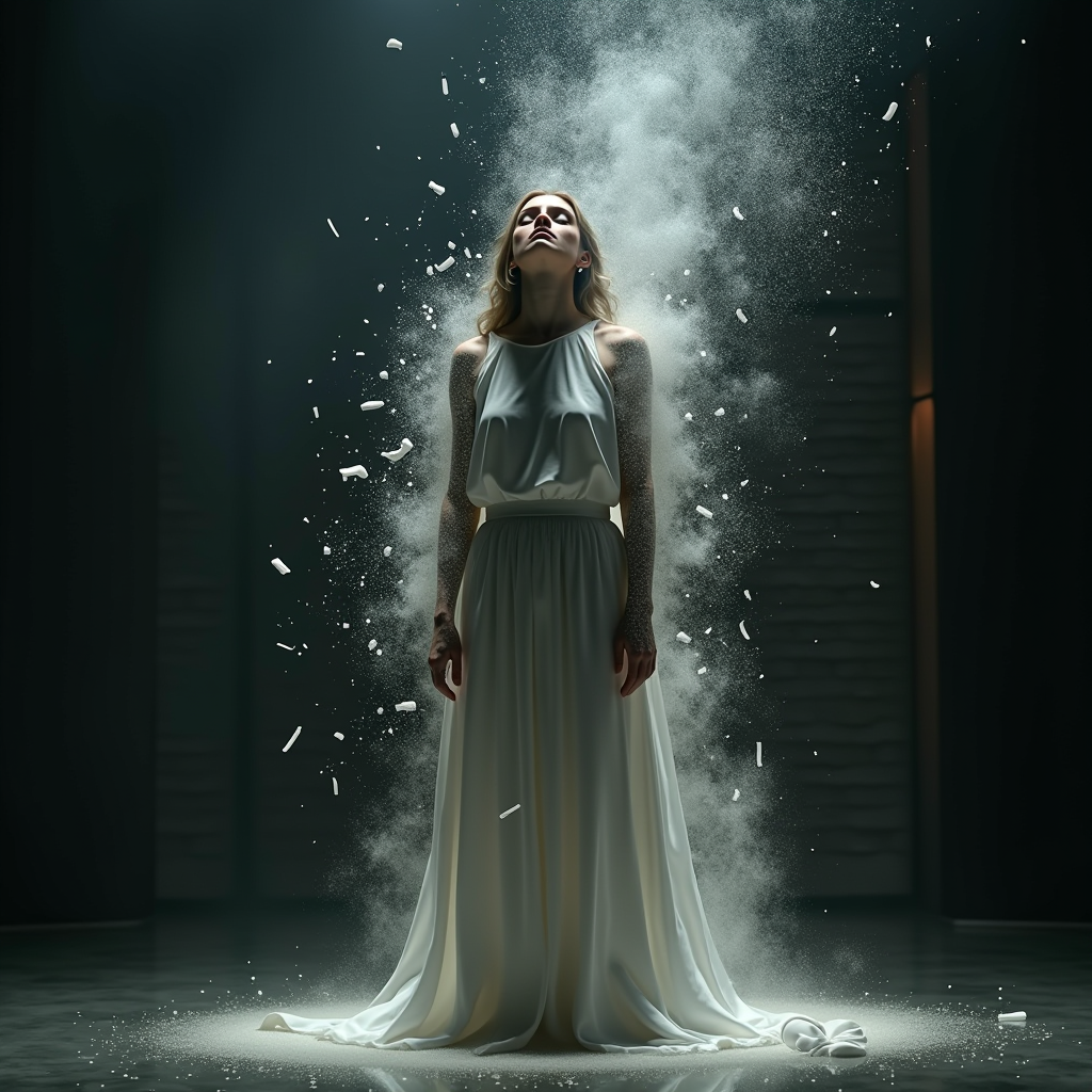 FLUX prompt: An epic and realistic scene of a woman dissolving ... - FLUX