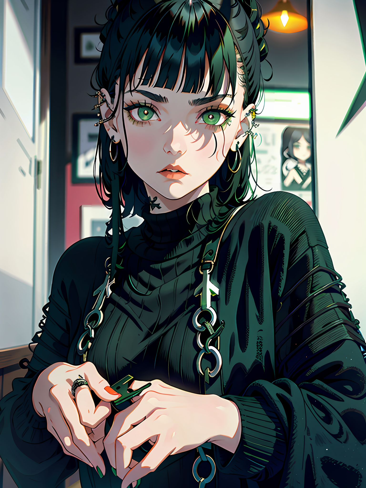 AI generated: Deliberate prompt: ruffled woman with black hair and green sweater ho... (Deliberate - Portraits)