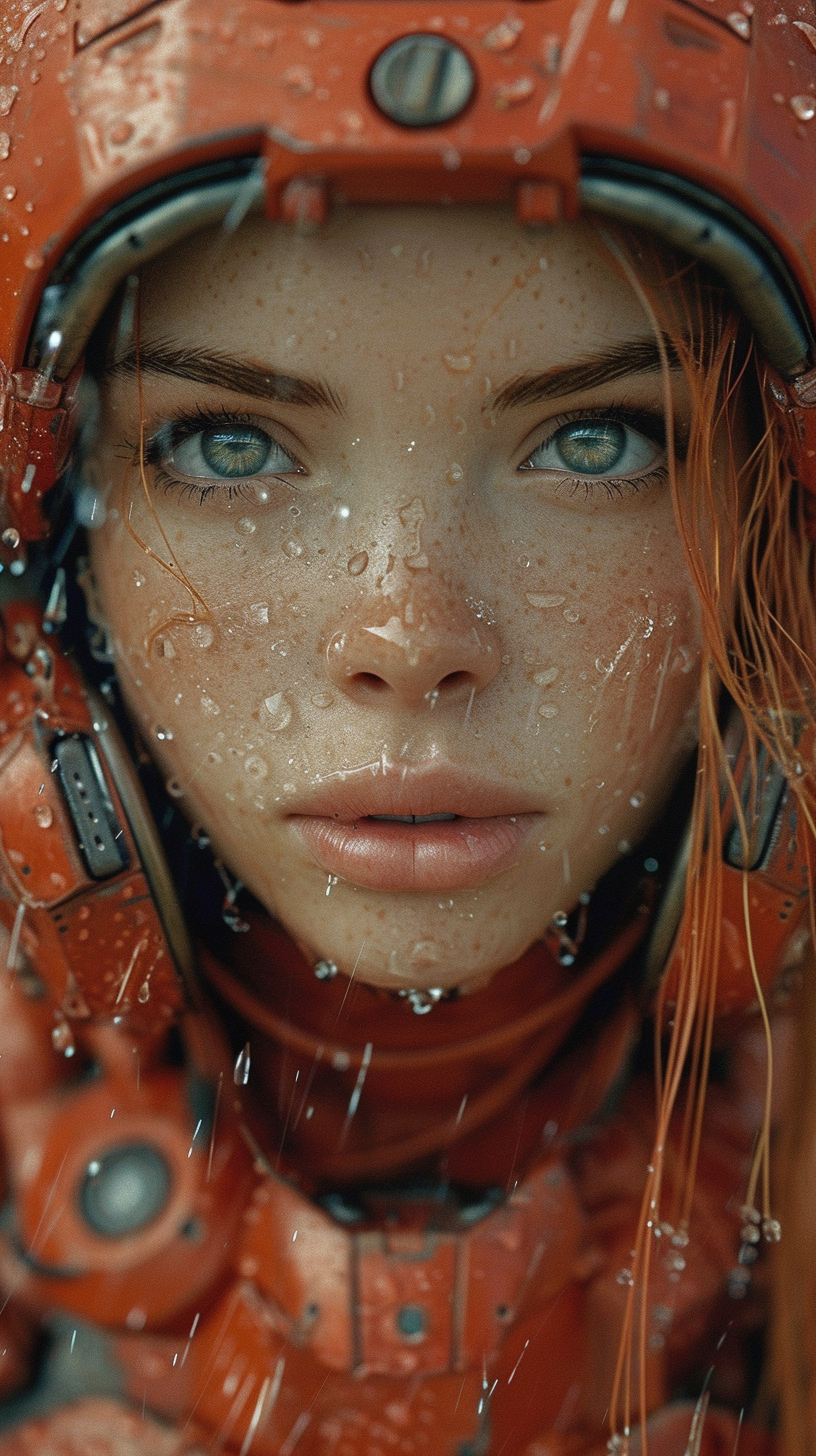 Midjourney prompt: young girl with a red robot suit standing in the r... - Midjourney
