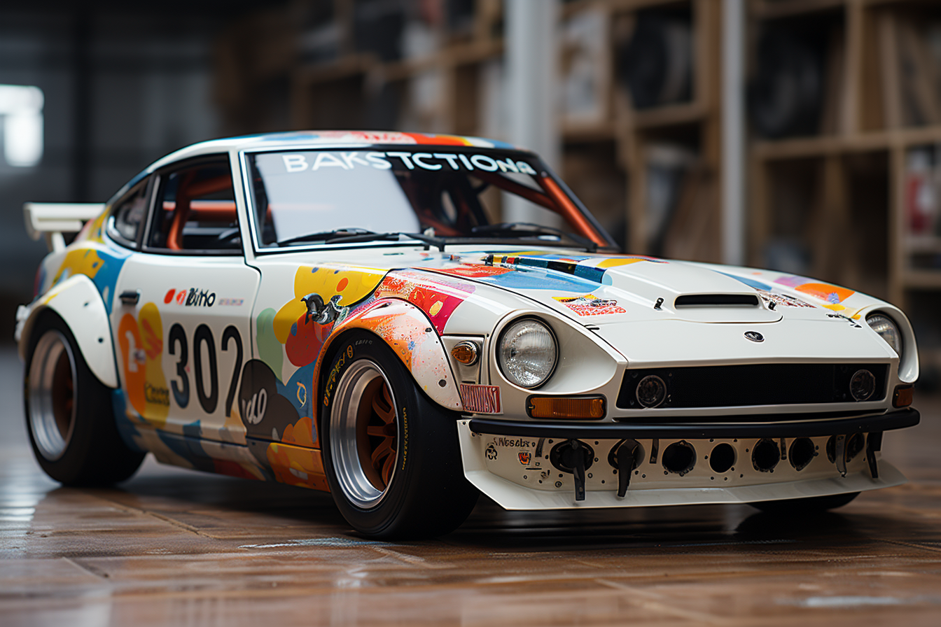 AI generated: Midjourney prompt: Create a toy Dutsun 240Z 1976, white color, in the... (Midjourney - Photography)