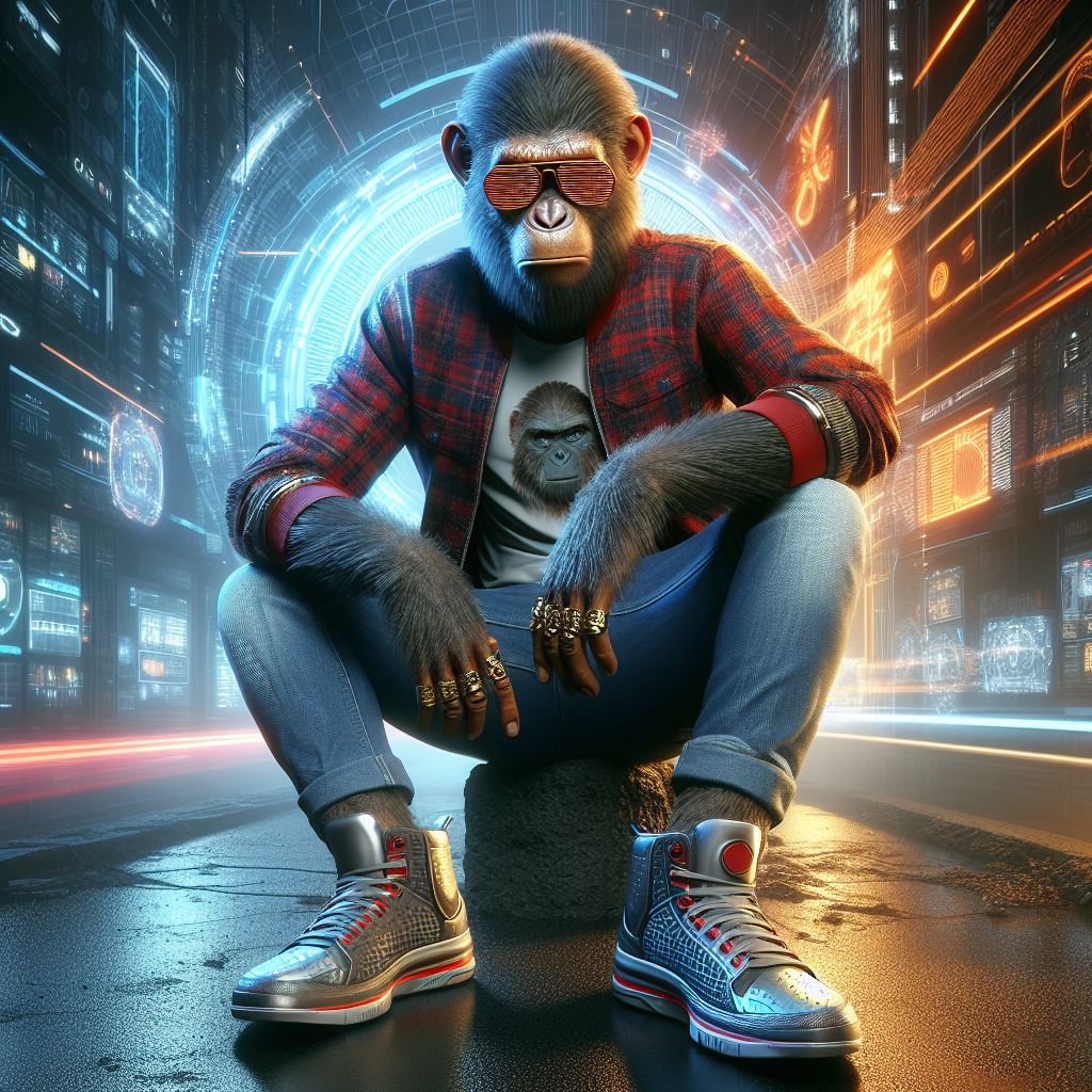 AI generated: DALL·E prompt: King of Apes, ruling the urban jungle with style, ... (DALL·E - Fashion)