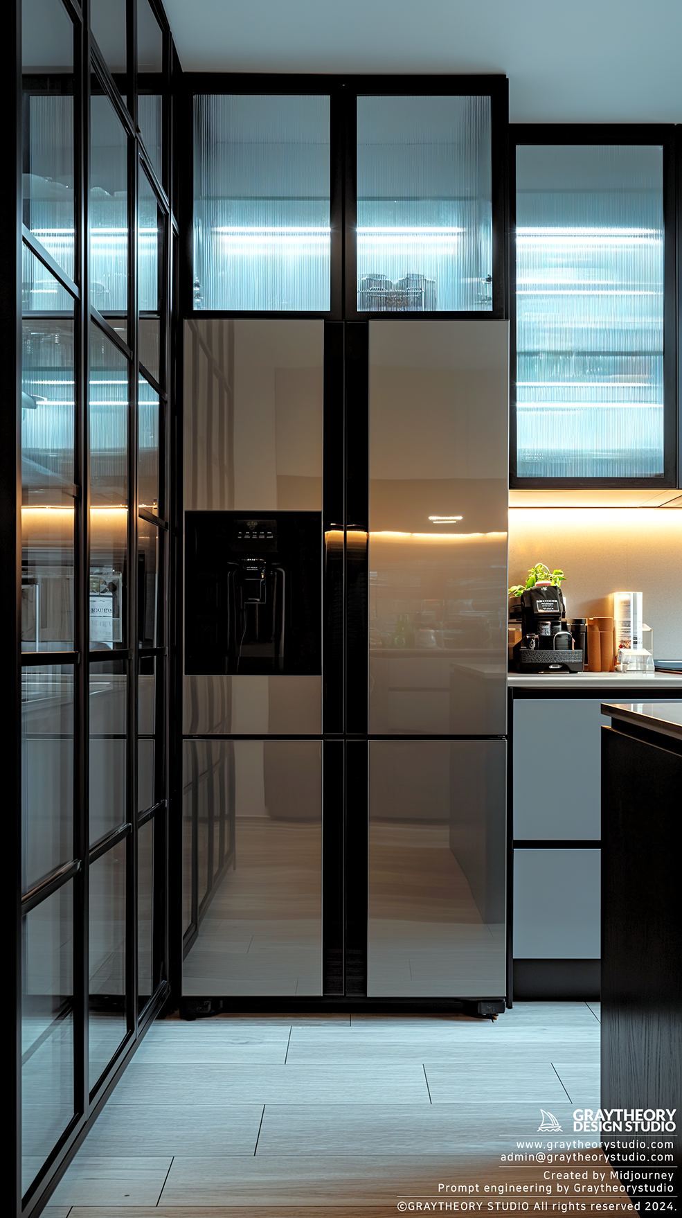 AI generated: Midjourney prompt: Photograph, refrigerator with sleek surface, Fujif... (Midjourney - Interior Design)