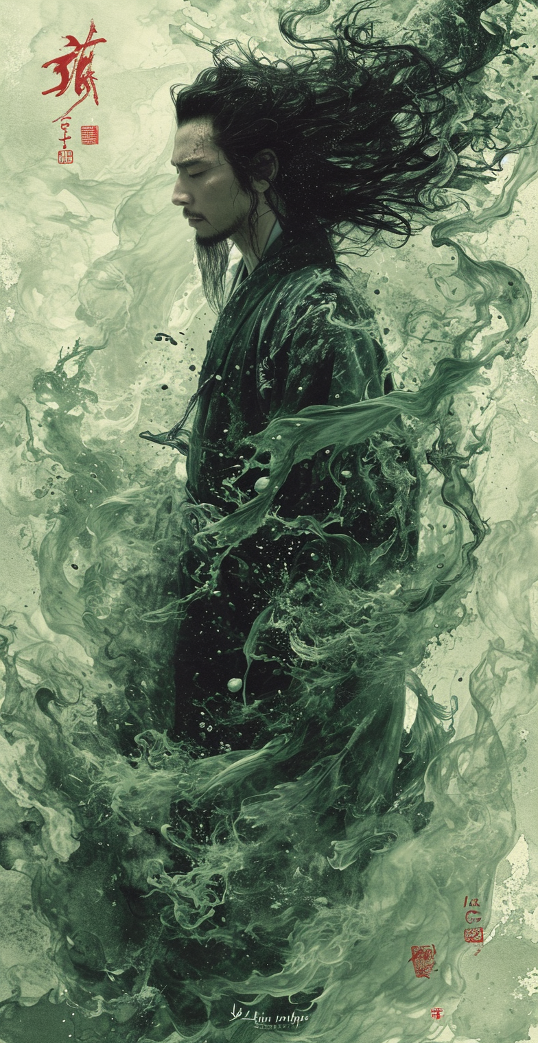 AI generated: Midjourney prompt: modern chinese ink painting in green, in the style... (Midjourney - Character Design)