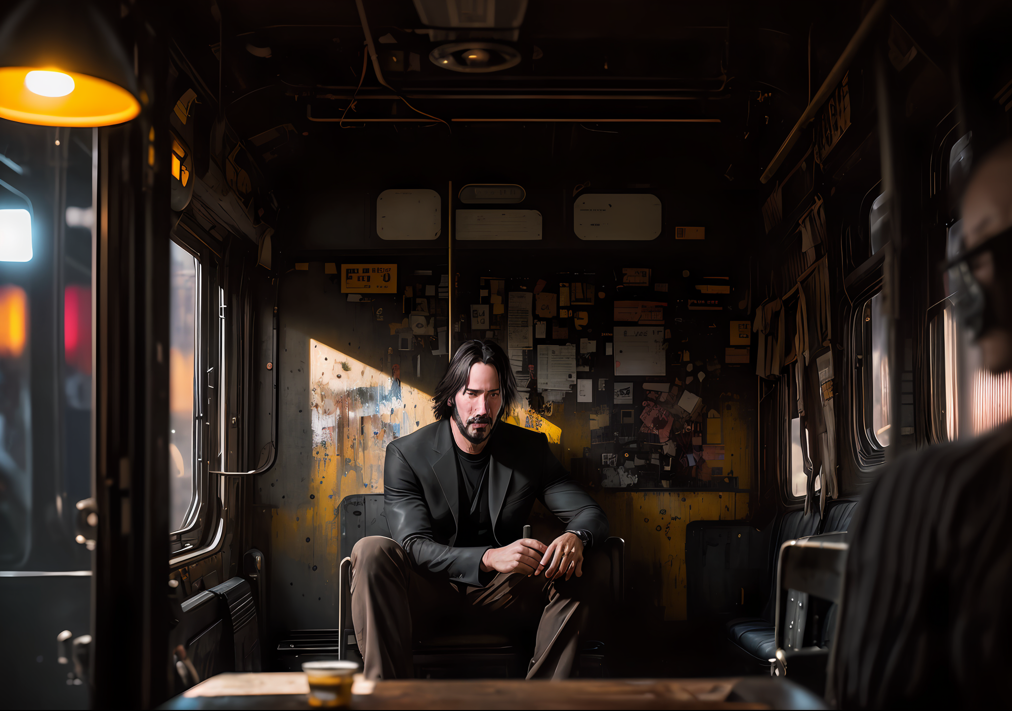 Keanu Reeves Dark DreamShaper prompt: Keanu Reeves dark photo: sitting next...