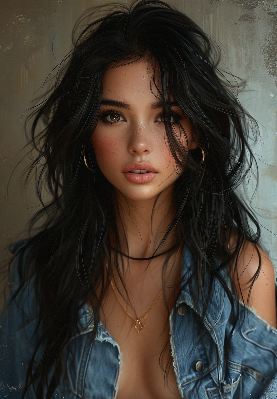 Midjourney prompt: disney girl with long black hair in a jean shirt, ... - Midjourney