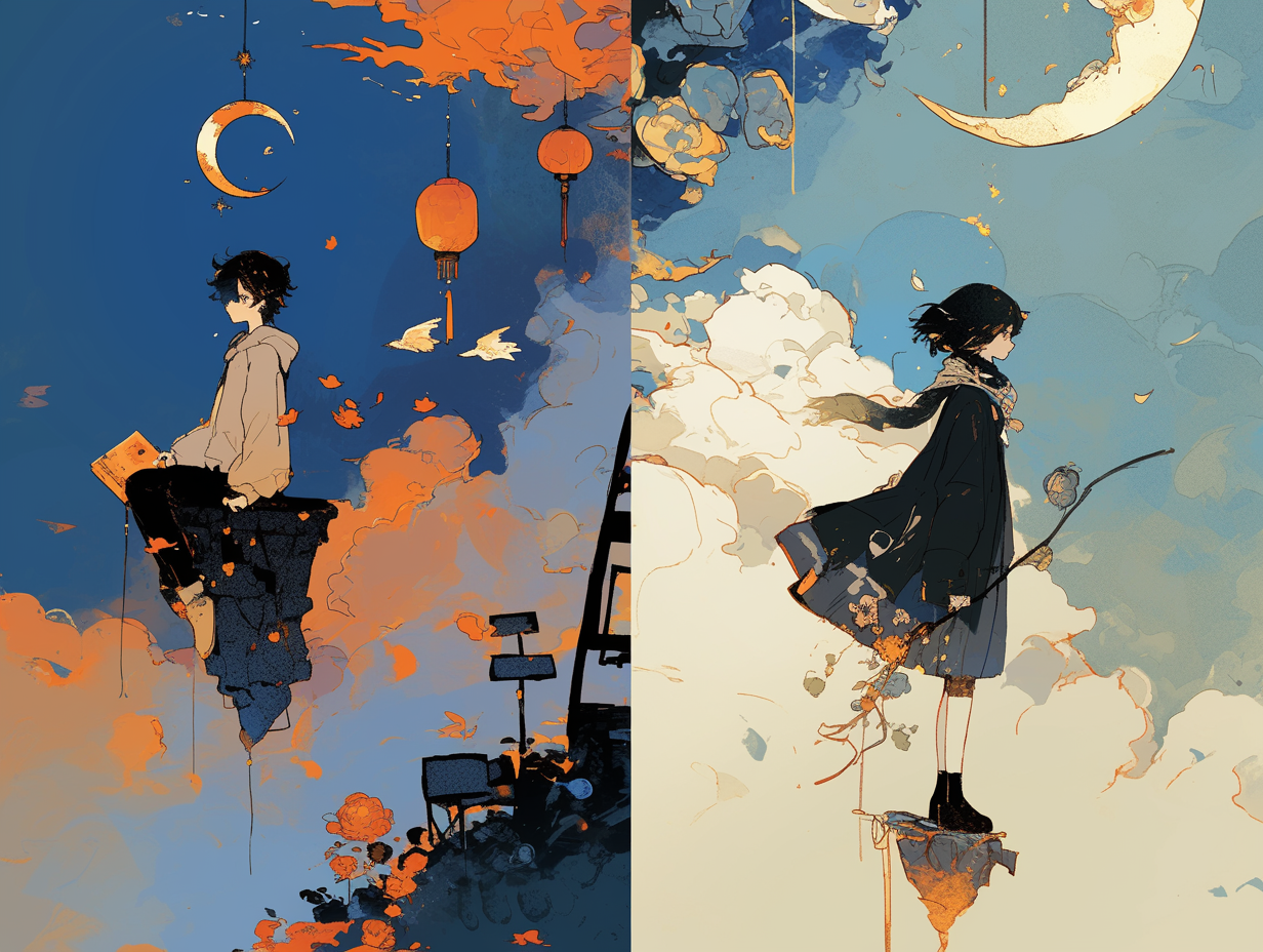Midjourney prompt: Deep blue sky, orange, Kongming lanterns flying in... - Midjourney