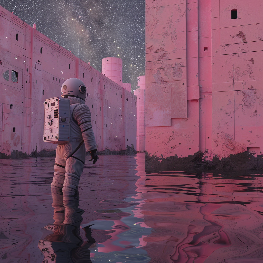 Midjourney prompt: a man in an astronaut costume stands in the water,... - Midjourney