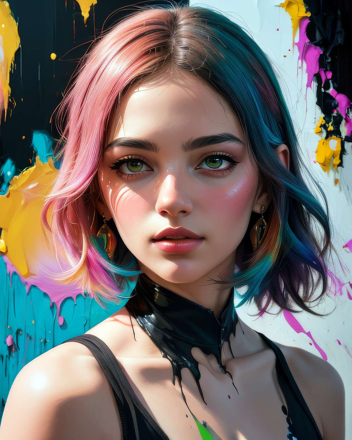 AI generated: Stable Diffusion prompt: A painting on the canvas of a woman in colorful to... (Stable Diffusion - Portraits)