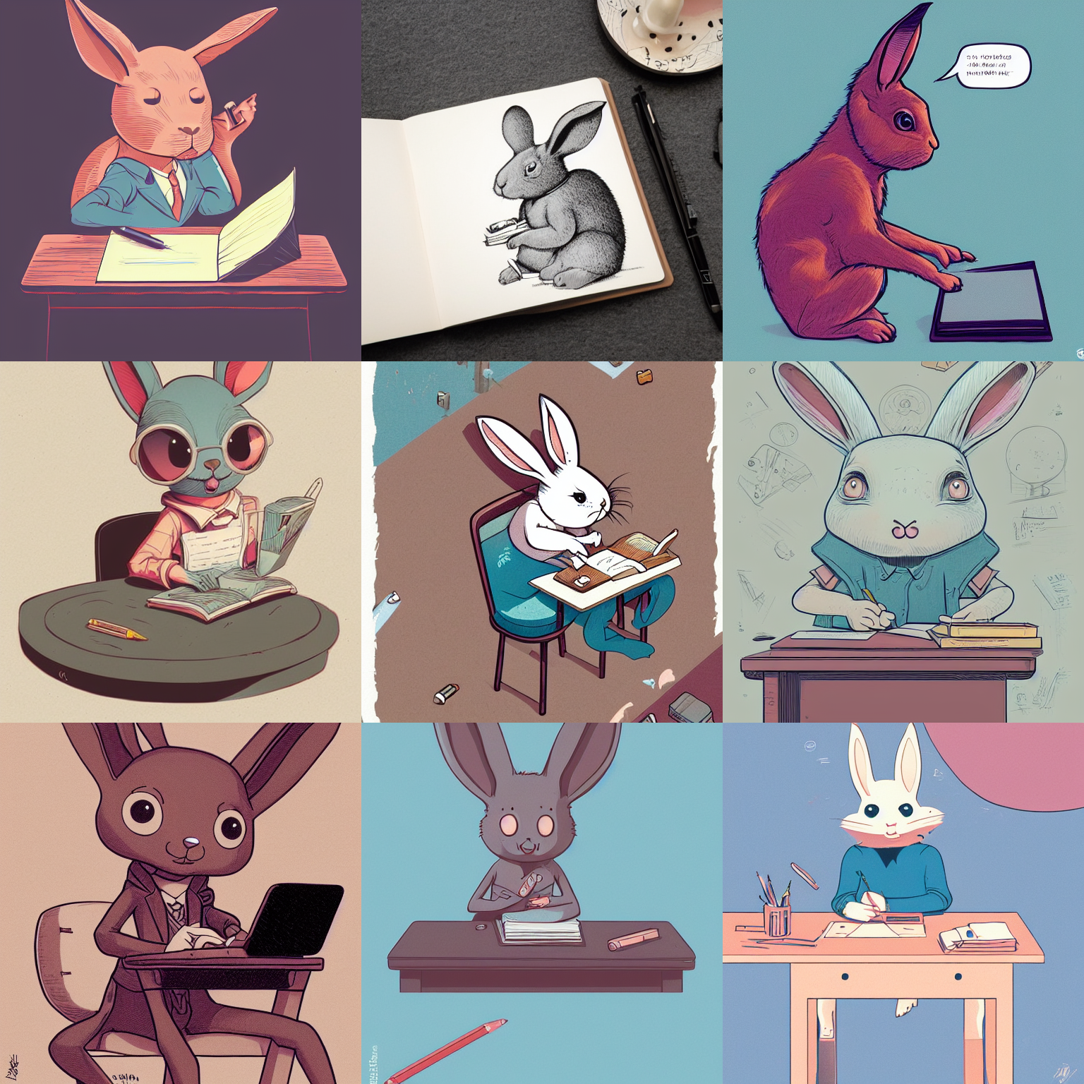 Stable Diffusion prompt: a cute cartoon rabbit sitting at...