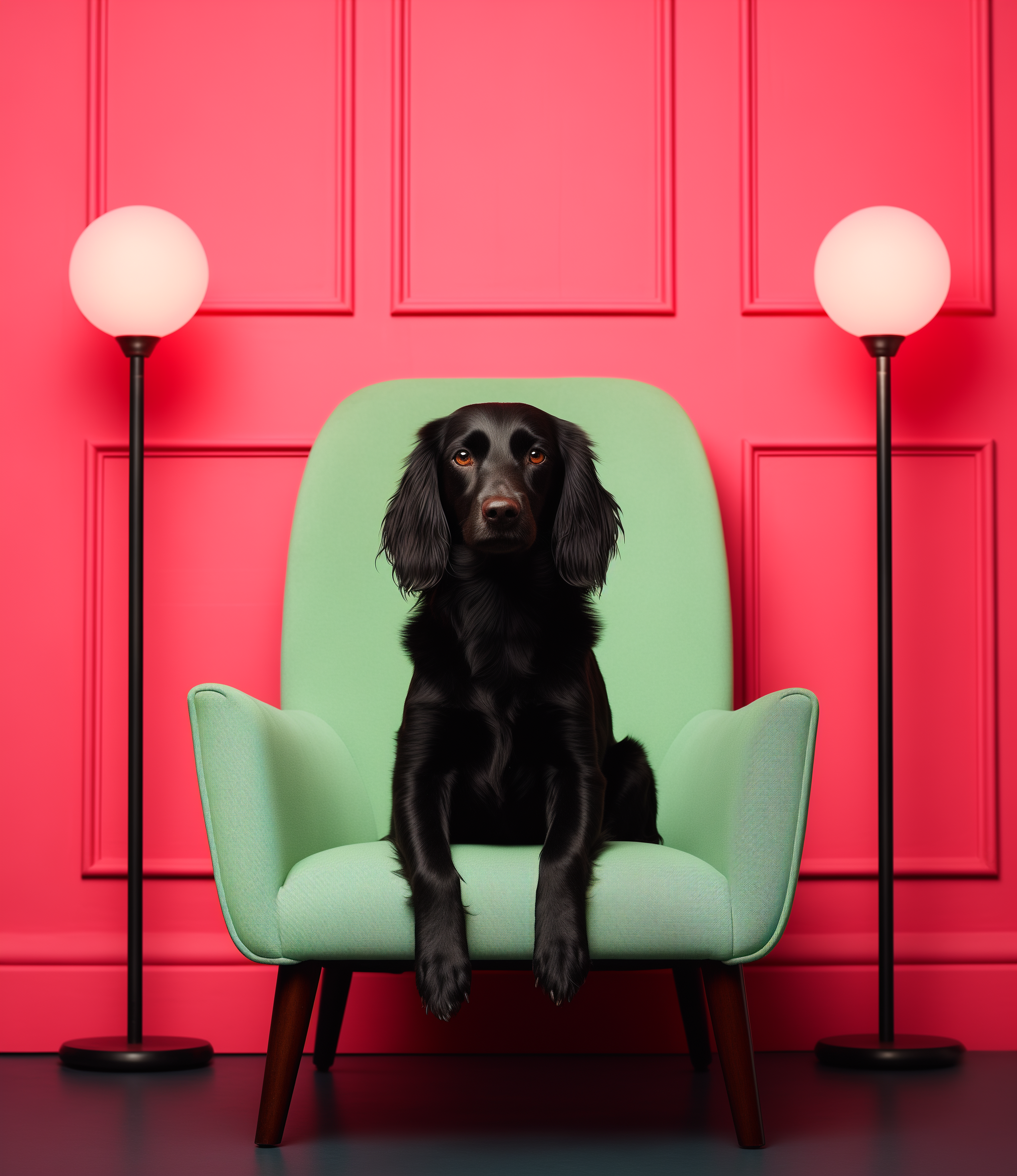 Midjourney prompt: A black dog sitting on top of a pink chair in fron... - Midjourney