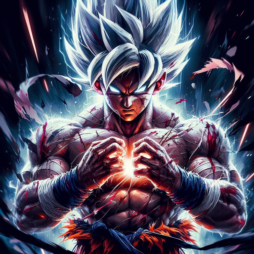 AI generated: DALL·E prompt: Goku Ultra Instinct with a tough and intense gaze,... (DALL·E - Character Design)