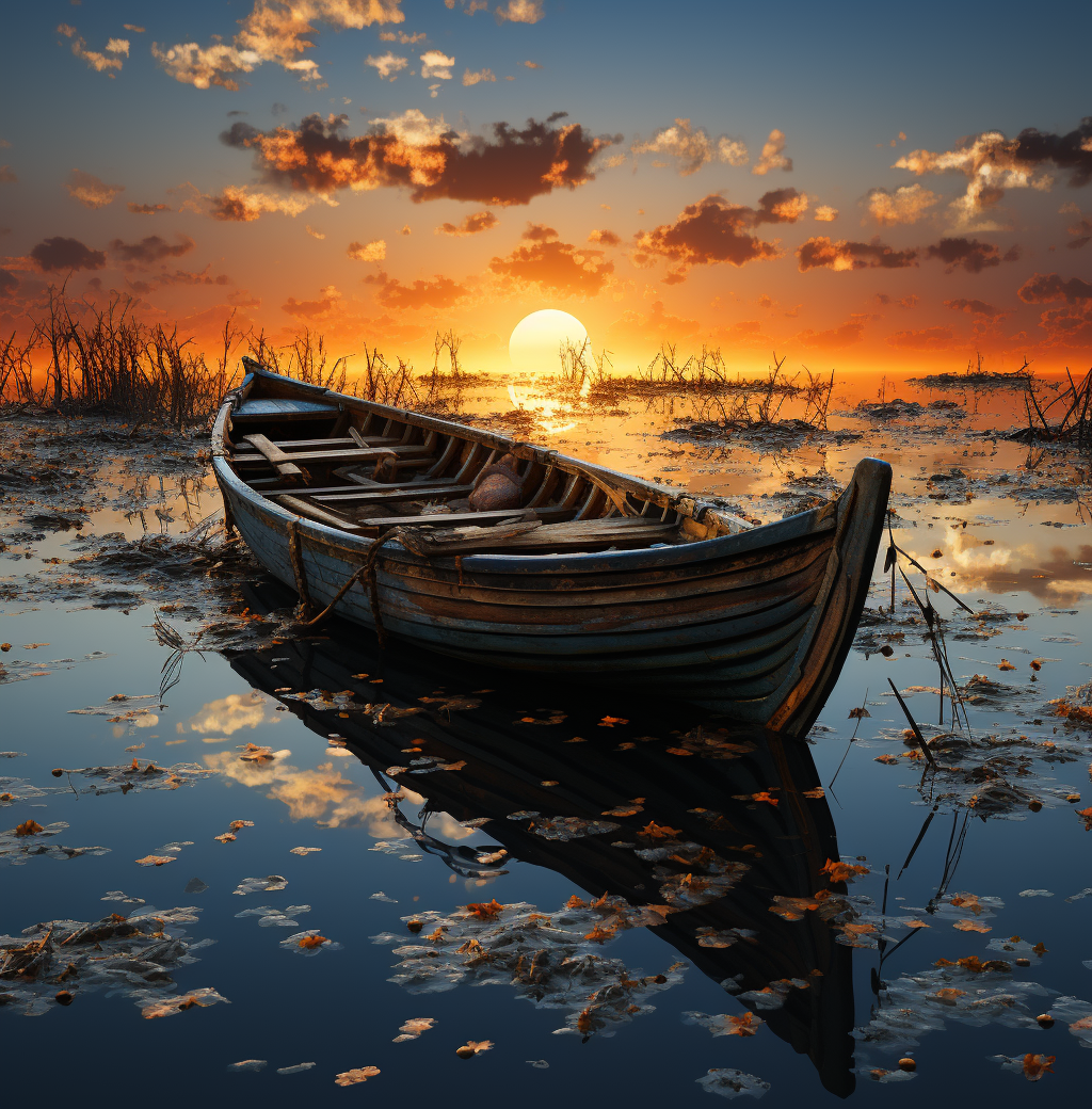 Midjourney prompt: a boat sitting in the water during sunset, in the ... - Midjourney
