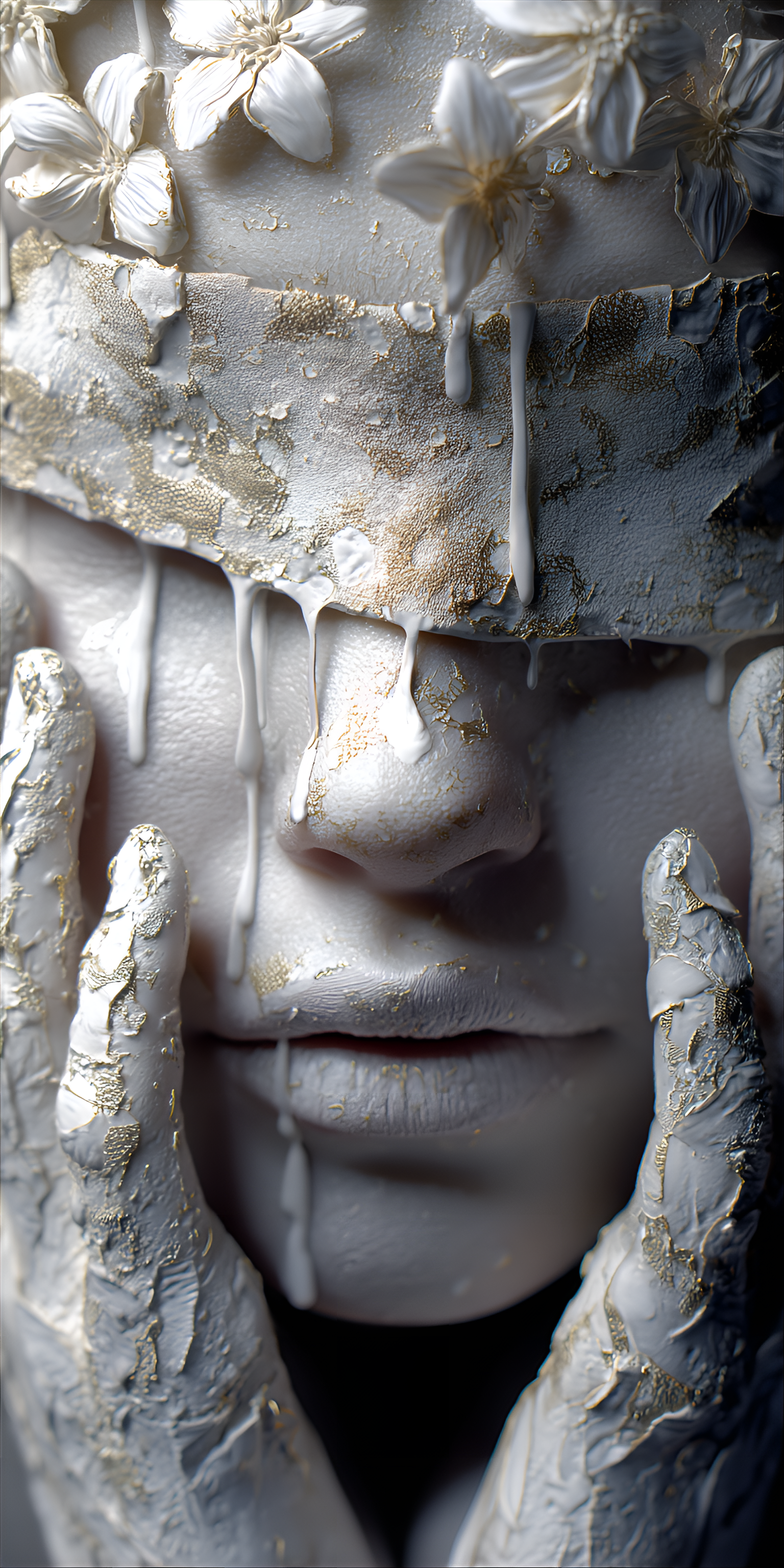 AI generated: Midjourney prompt: woman's face, partially obscured by a mask made of... (Midjourney - Portraits)