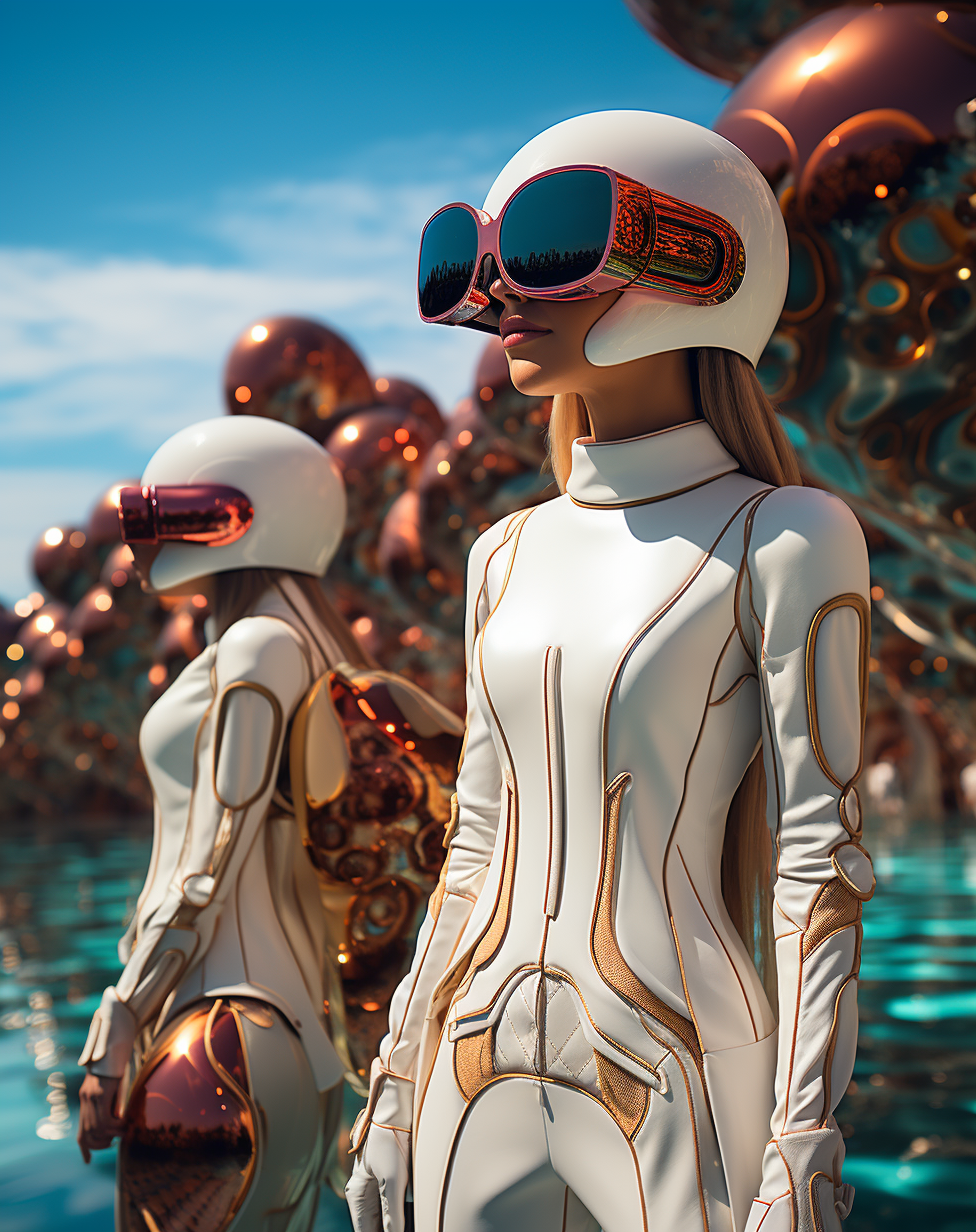 Midjourney prompt: beck tyler ad woman in a white outfit standing nea... - Midjourney