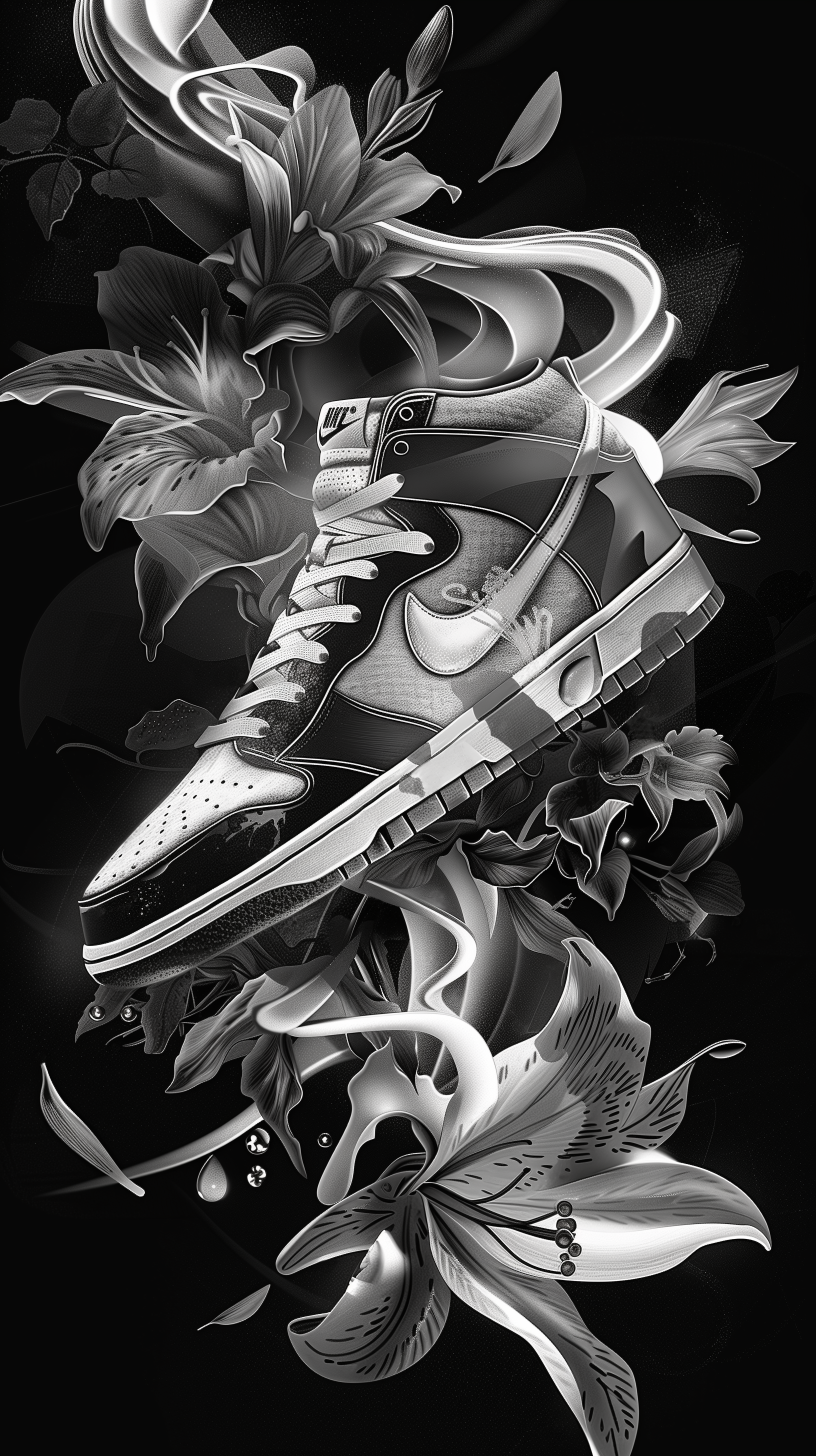 AI generated: Midjourney prompt: illustrate an intricate Nike sneakers arrangement ... (Midjourney - Concept Art)