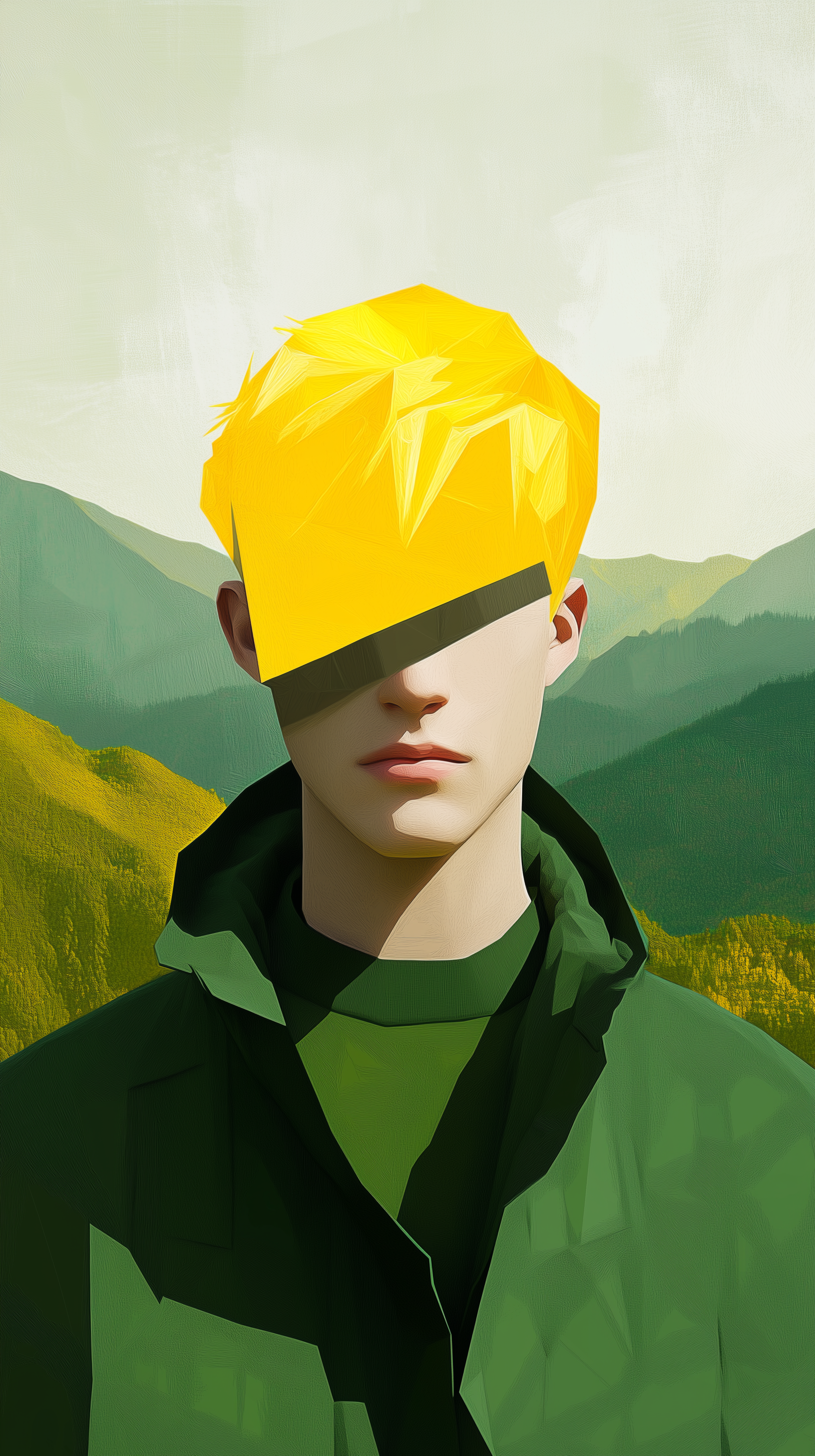 AI generated: Midjourney prompt: minimalist portrait, man, bright yellow hair in a ... (Midjourney - Portraits)