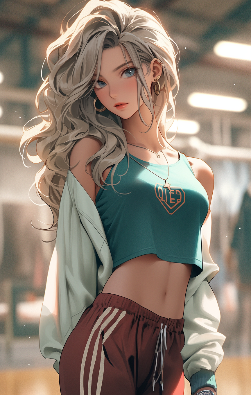AI generated: Midjourney prompt: an anime girl is standing in a gym, in the style o... (Midjourney - Anime)