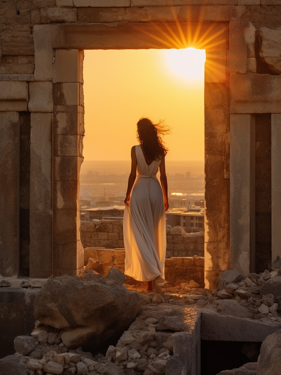 Midjourney prompt: a woman in a white dress standing on a ledge, look... - Midjourney