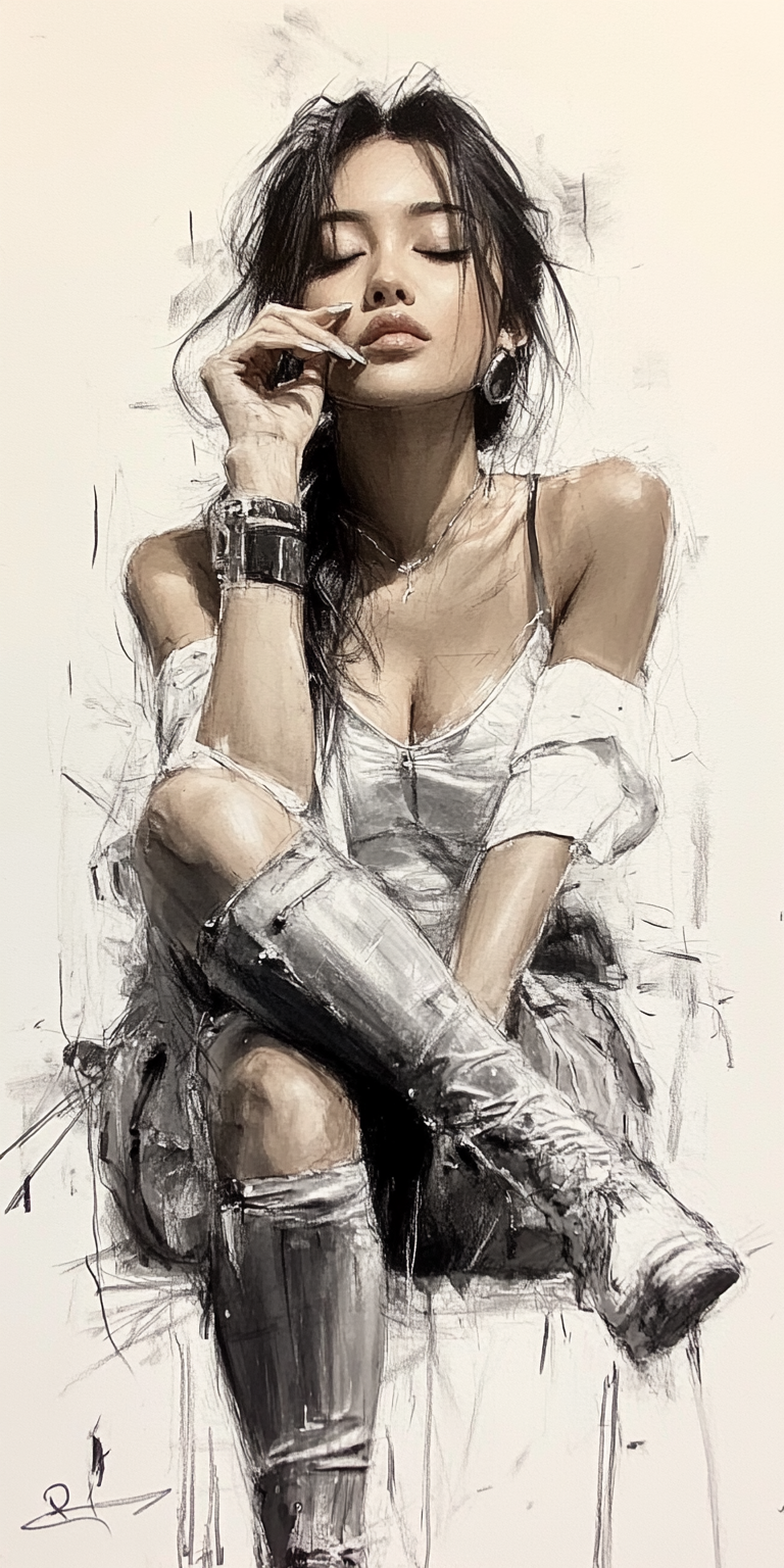 AI generated: Midjourney prompt: Rough charcoal sketch on old paper, beautiful fema... (Midjourney - Portraits)