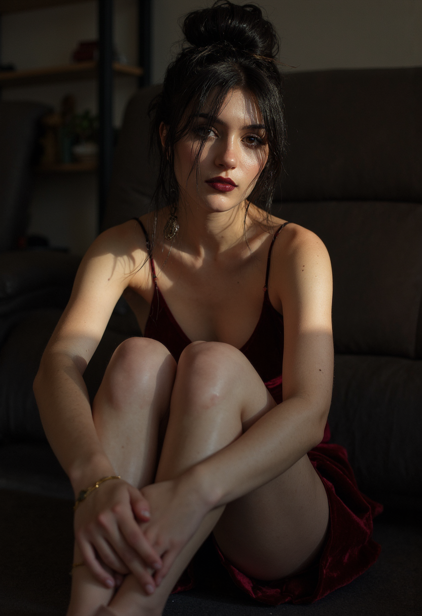 صورة مولدة بالذكاء الاصطناعي: FLUX prompt: A captivating woman sits in the dimly lit room, he... (نموذج FLUX - صور شخصية)