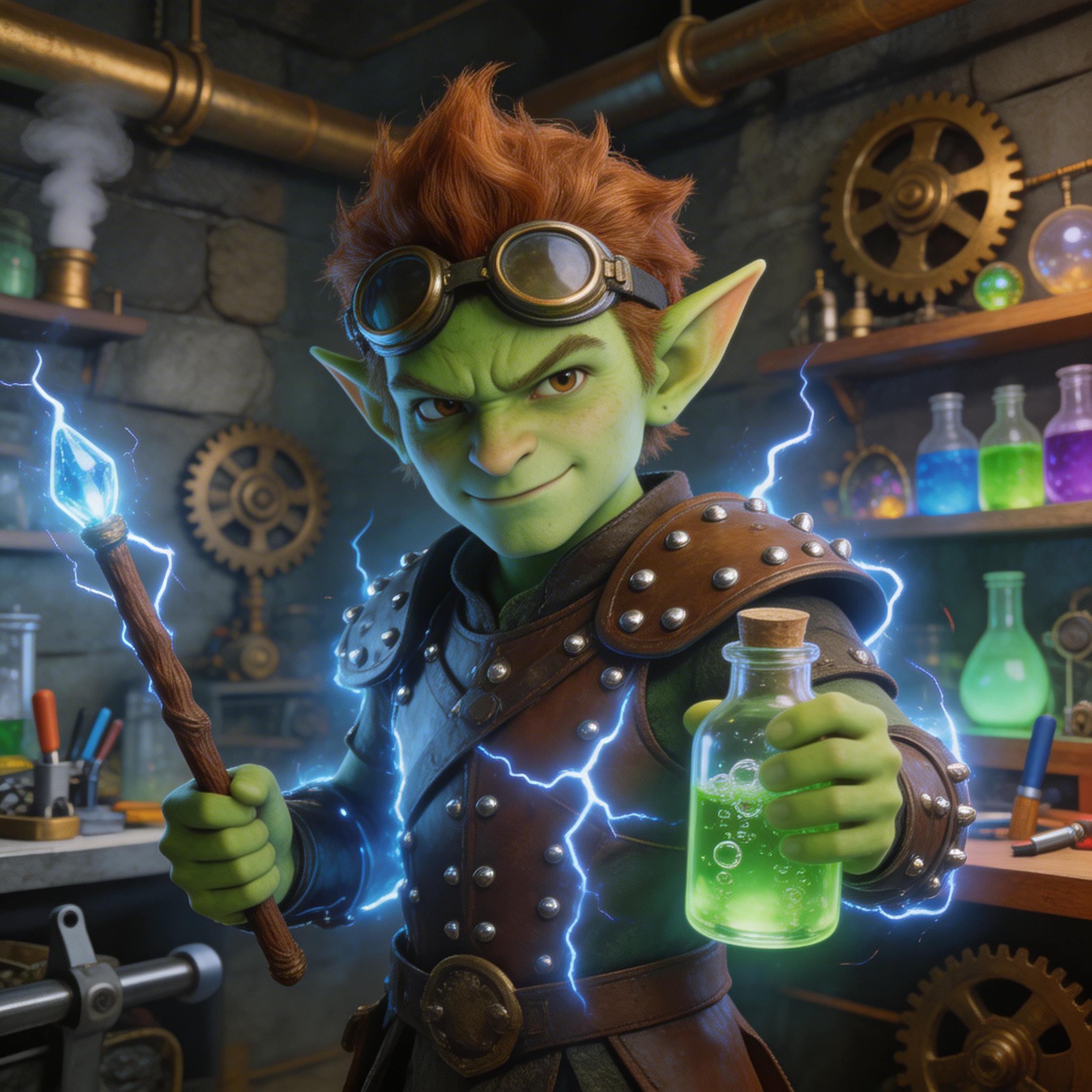 صورة مولدة بالذكاء الاصطناعي: Seedream 5 prompt: Young male goblin tinkerer, wearing magical studde... (نموذج Seedream 5 - فن مفاهيمي)