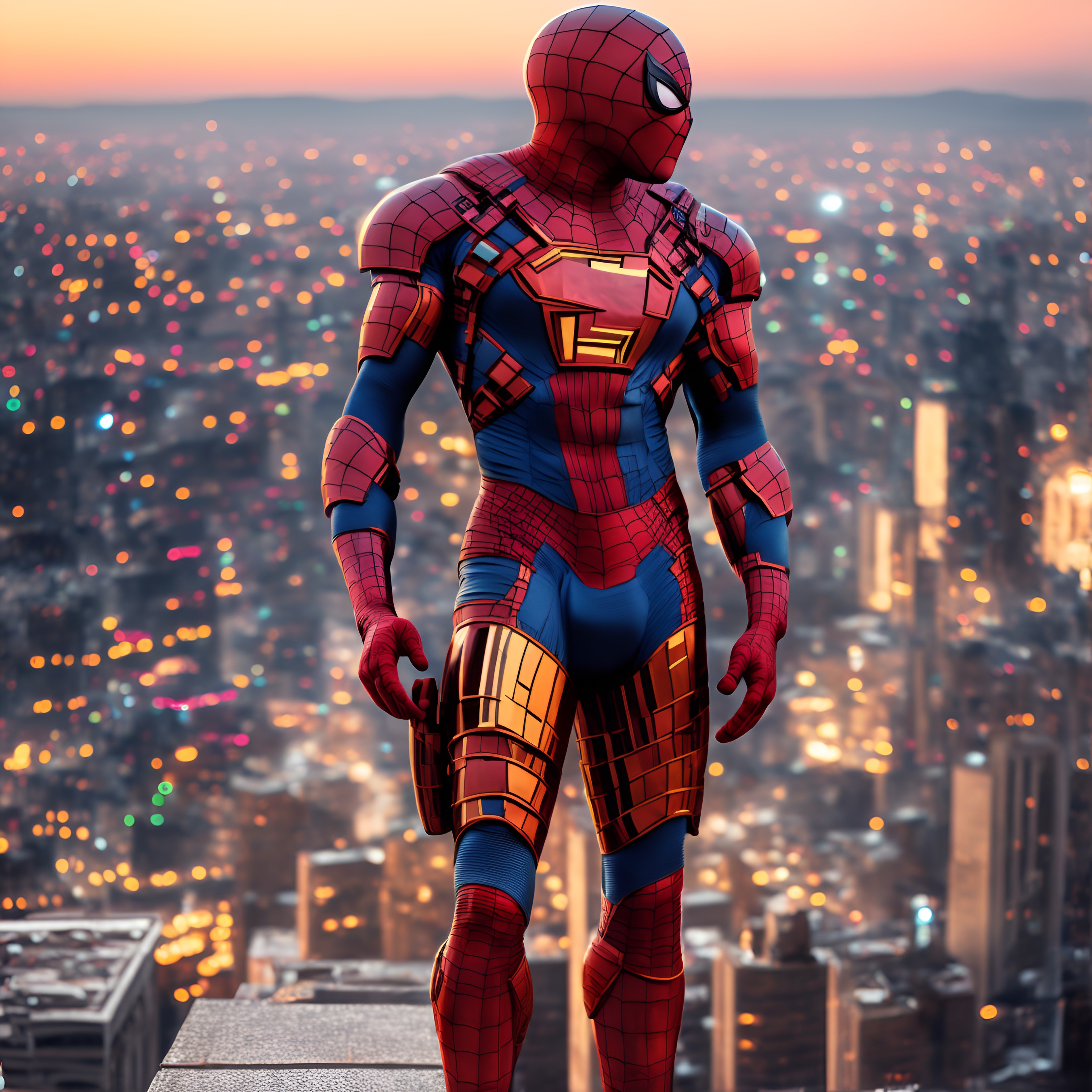 Stable Diffusion prompt: Spiderman wearing an Ironman sui...
