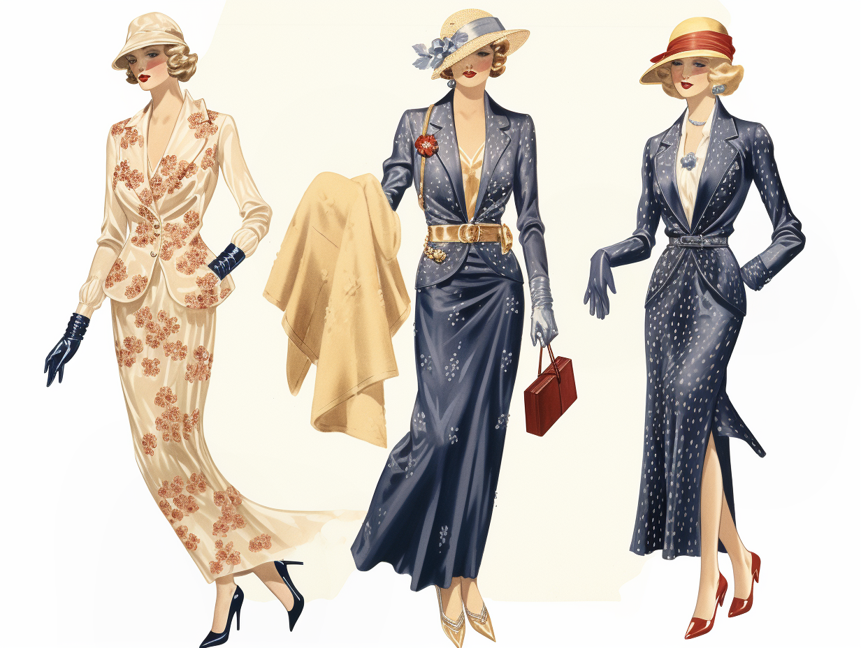 Midjourney prompt: vintage fashion illustration, three women in diffe... - Midjourney