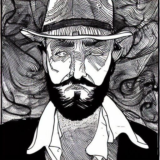 Stable Diffusion prompt: style moebius, man with beard an...