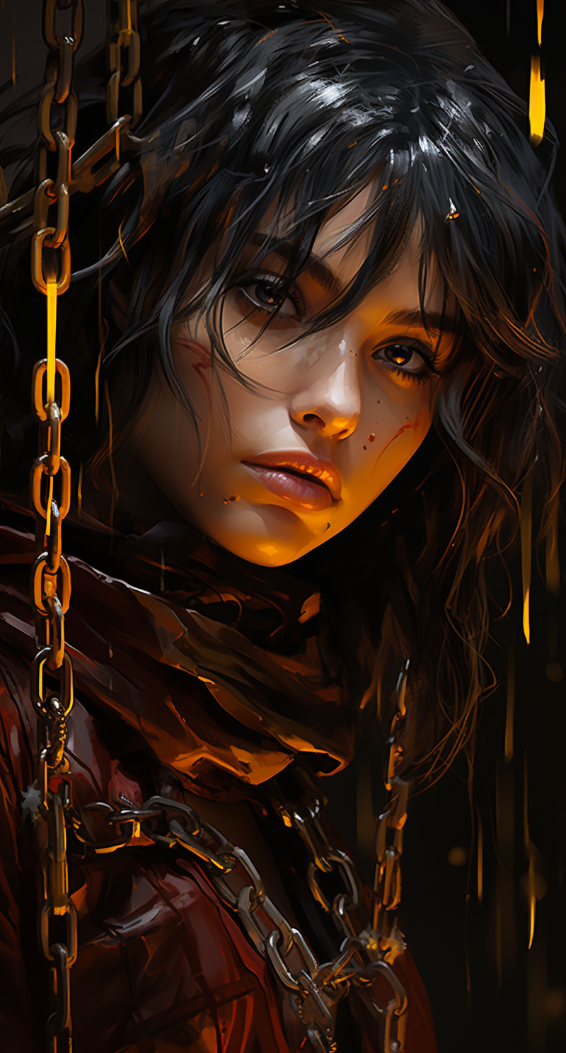 AI generated: Midjourney prompt: a girl with a chain in her eyes and on her face, i... (Midjourney - Photography)