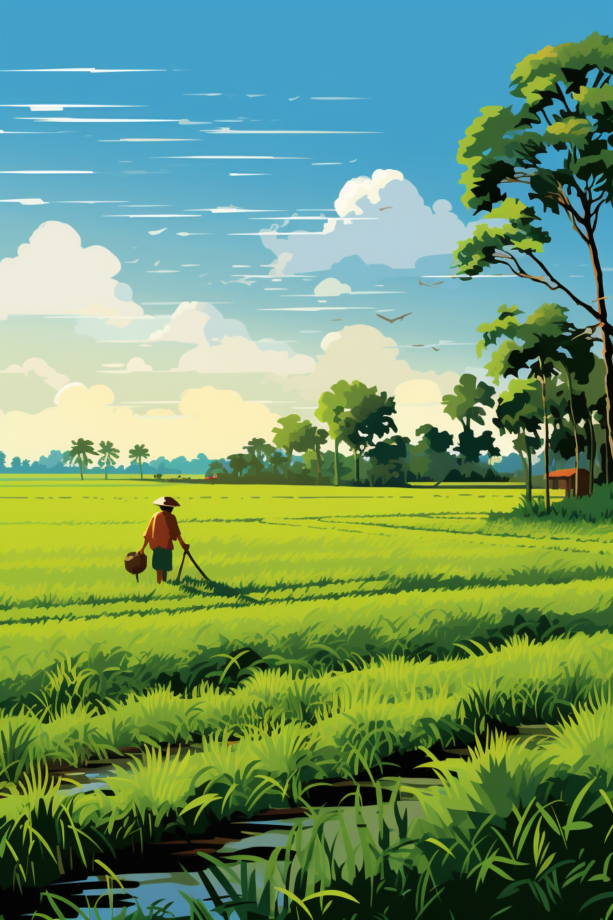 AI generated: Midjourney prompt: Landscape illustration, a farmer tending to his ri... (Midjourney - Portraits)
